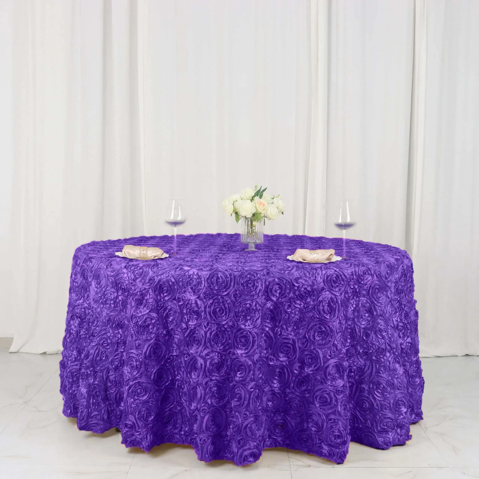 Satin Round Tablecloth 120" Purple - Grandiose 3D Rosette Table Cover - Image 6