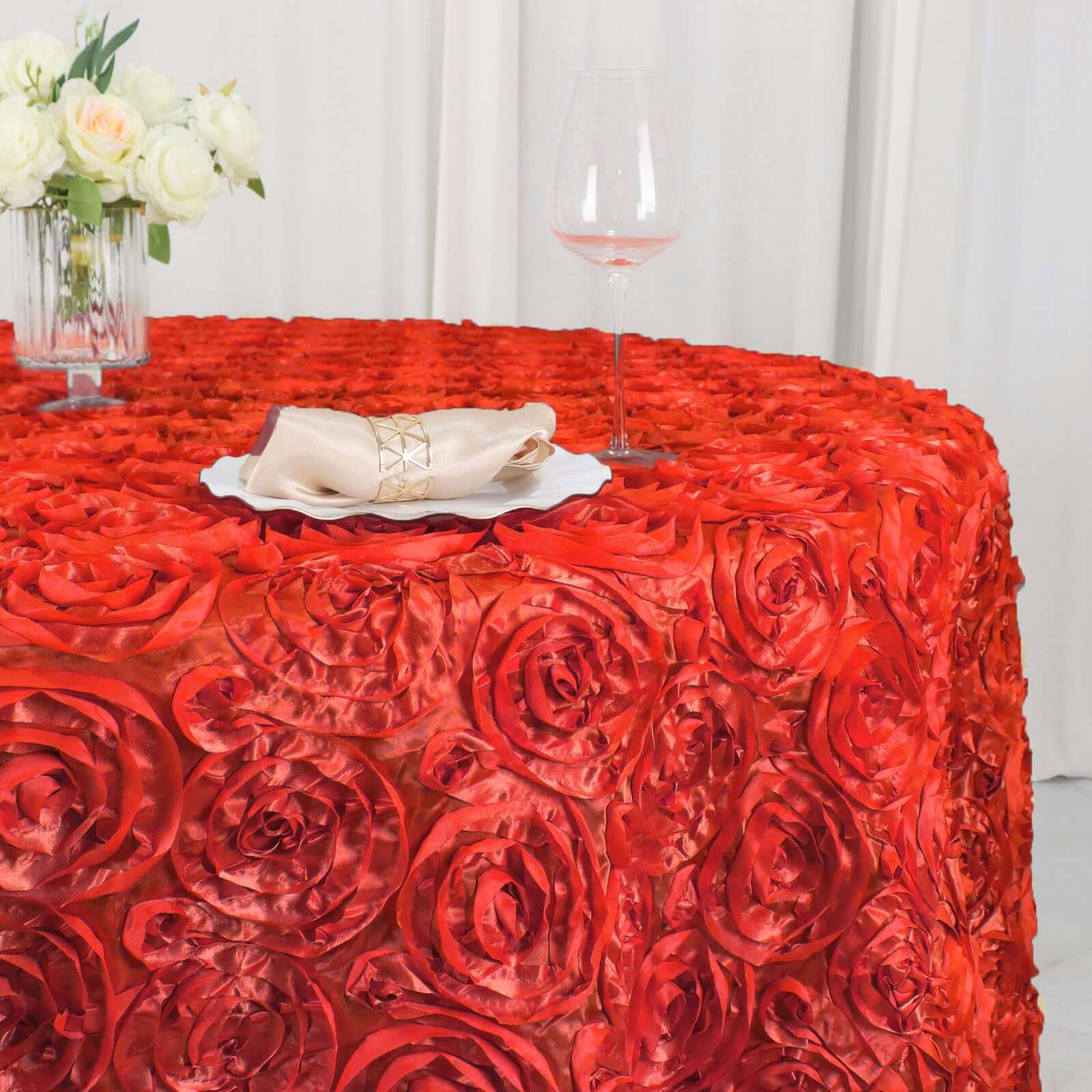 Satin Round Tablecloth 120" Red - Grandiose 3D Rosette Table Cover - Image 2