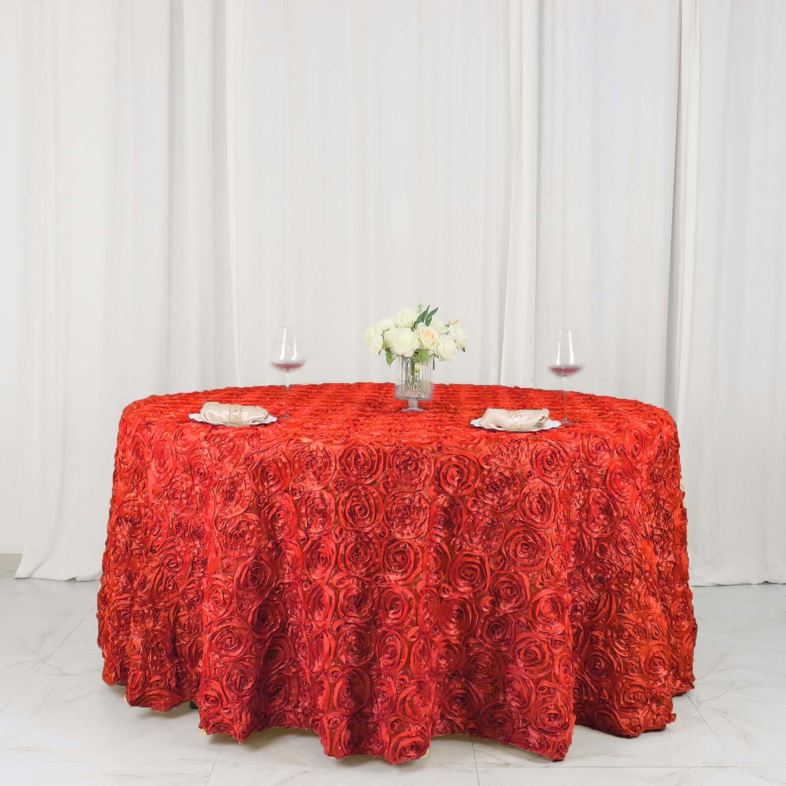 Satin Round Tablecloth 120" Red - Grandiose 3D Rosette Table Cover - Image 5