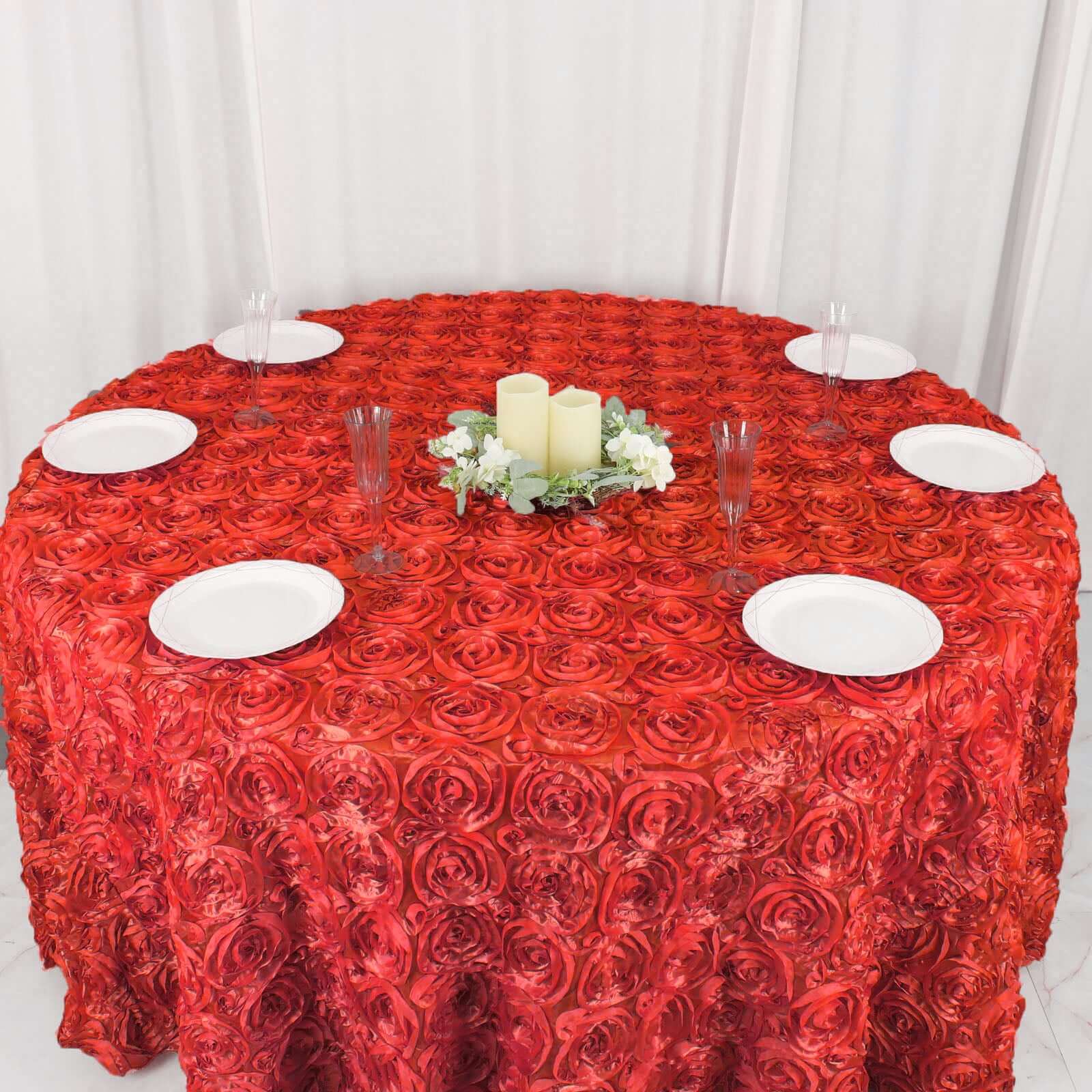 Satin Round Tablecloth 120" Red - Grandiose 3D Rosette Table Cover - Image 7