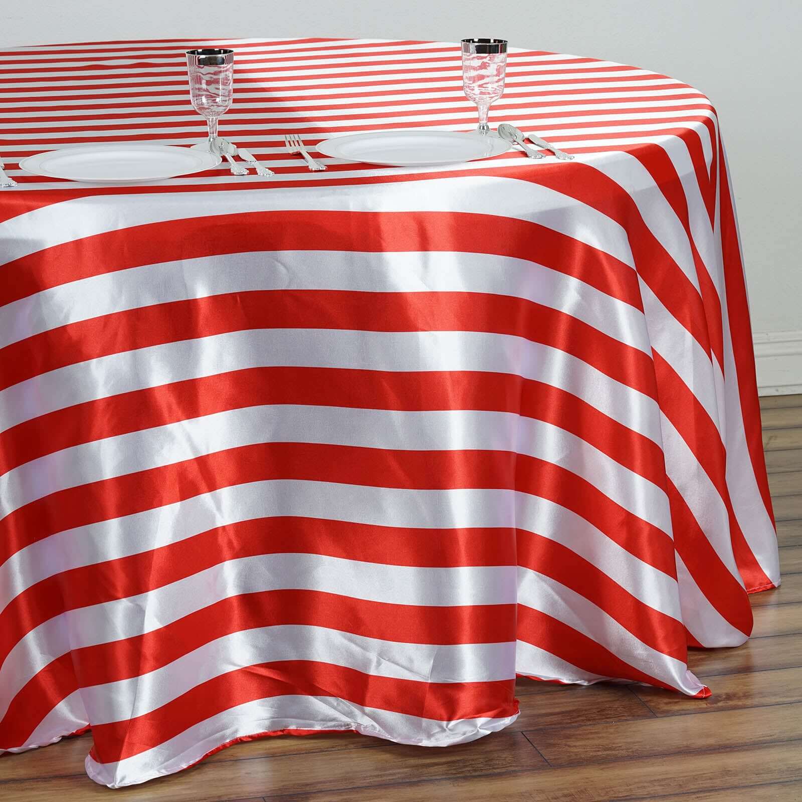 Satin Round Tablecloth 120" Red/White Striped Design - Durable & Seamless Table Cover - Image 2