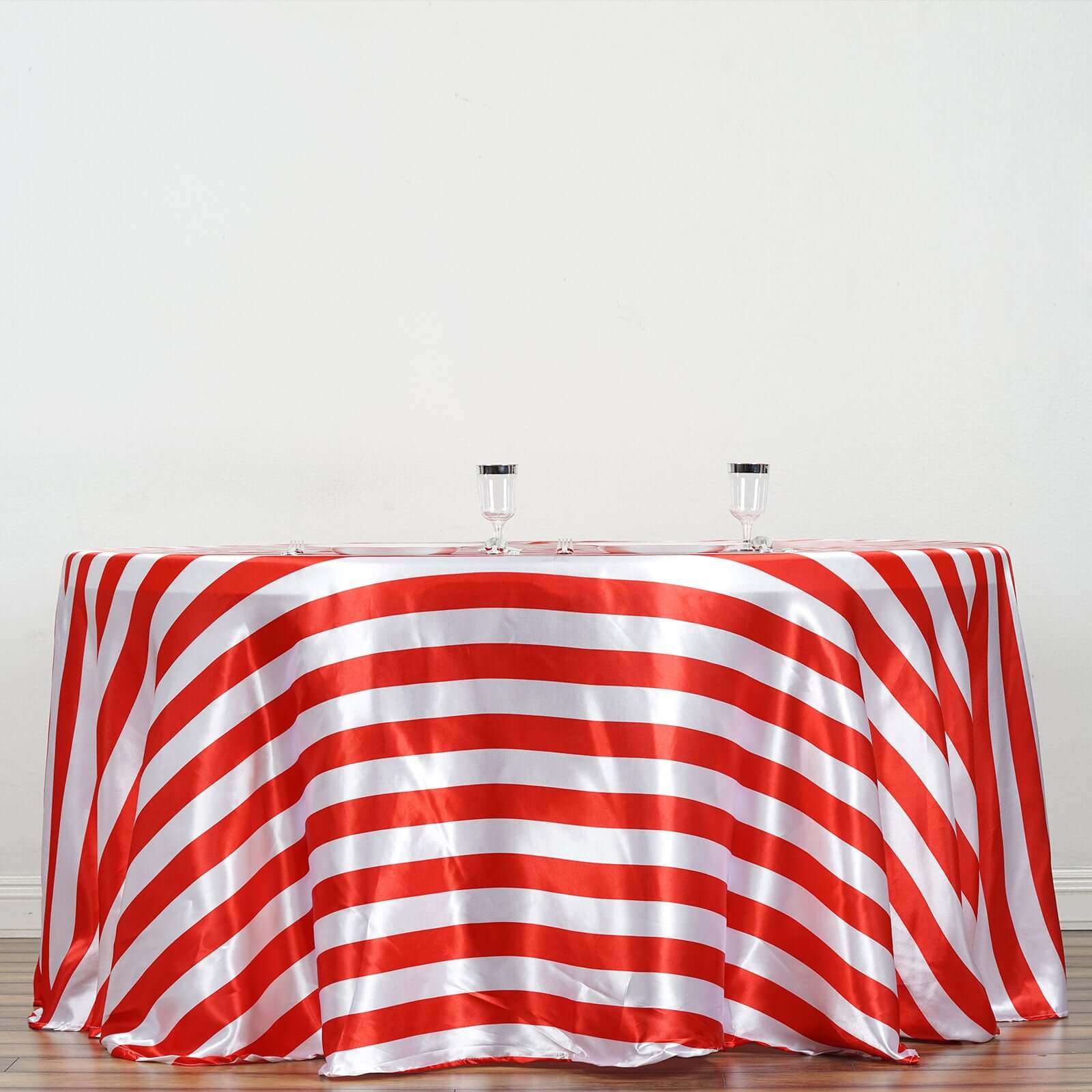Satin Round Tablecloth 120" Red/White Striped Design - Durable & Seamless Table Cover - Image 5