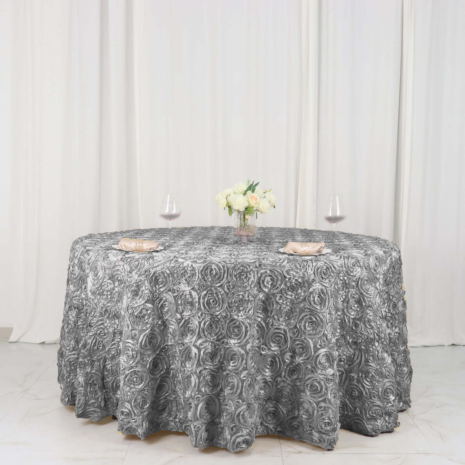 Satin Round Tablecloth 120" Silver - Grandiose 3D Rosette Table Cover - Image 5