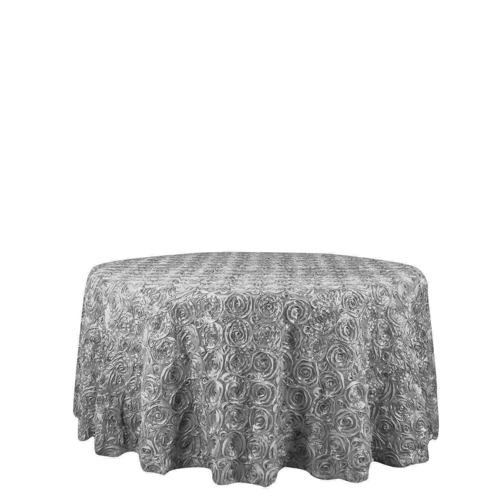 Satin Round Tablecloth 120" Silver - Grandiose 3D Rosette Table Cover - Image 6