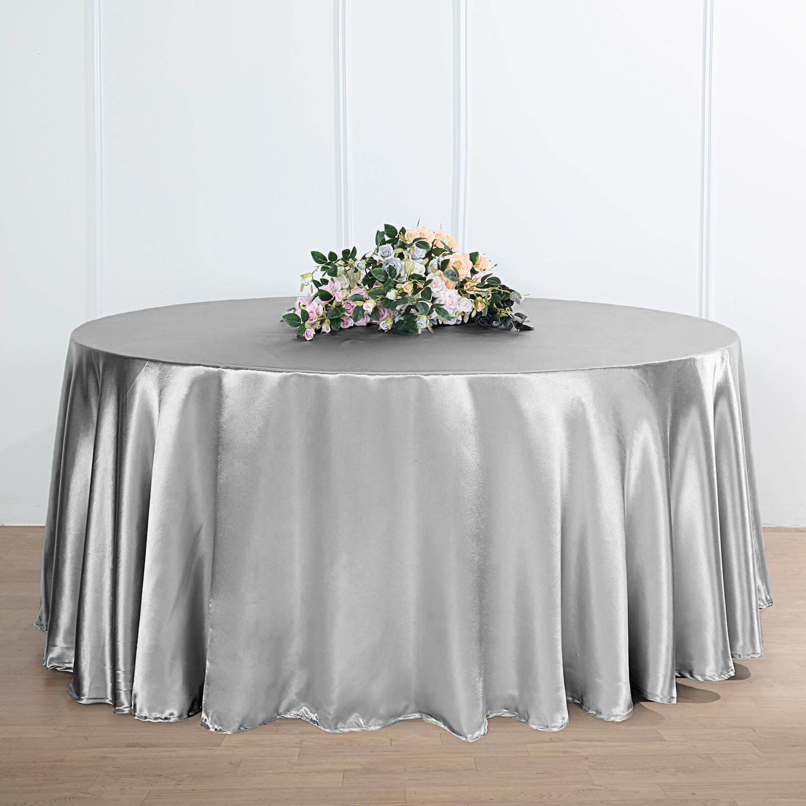 Satin Round Tablecloth 120" Silver - Seamless Table Cover - Image 2