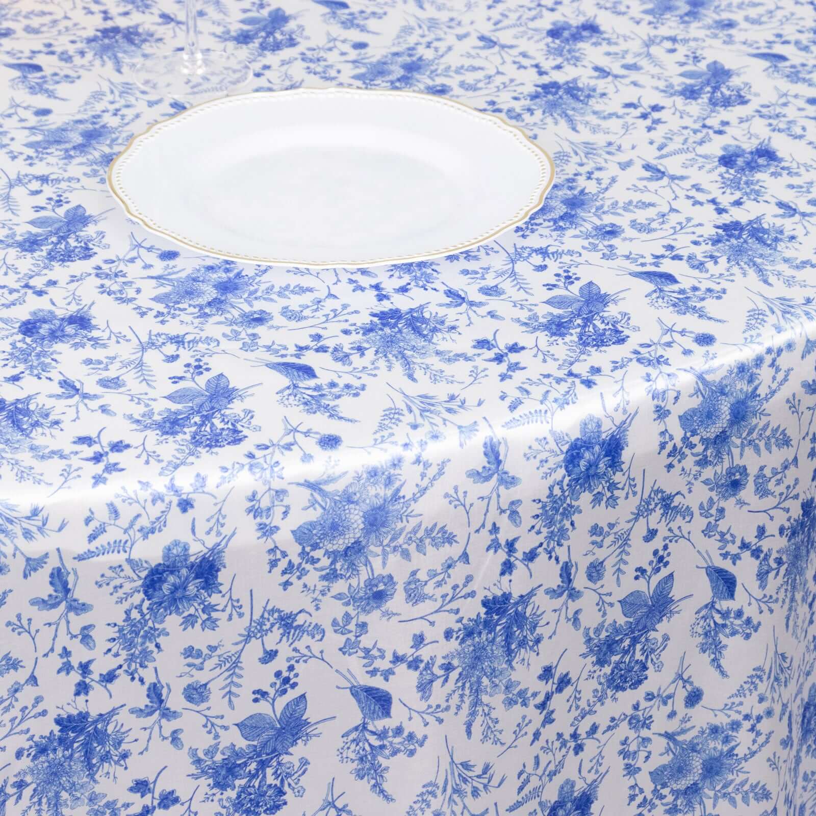 Satin Round Tablecloth 120" White/Blue French Toile Design - Seamless, Polished & Wrinkle-Resistant Table Cover - Image 3