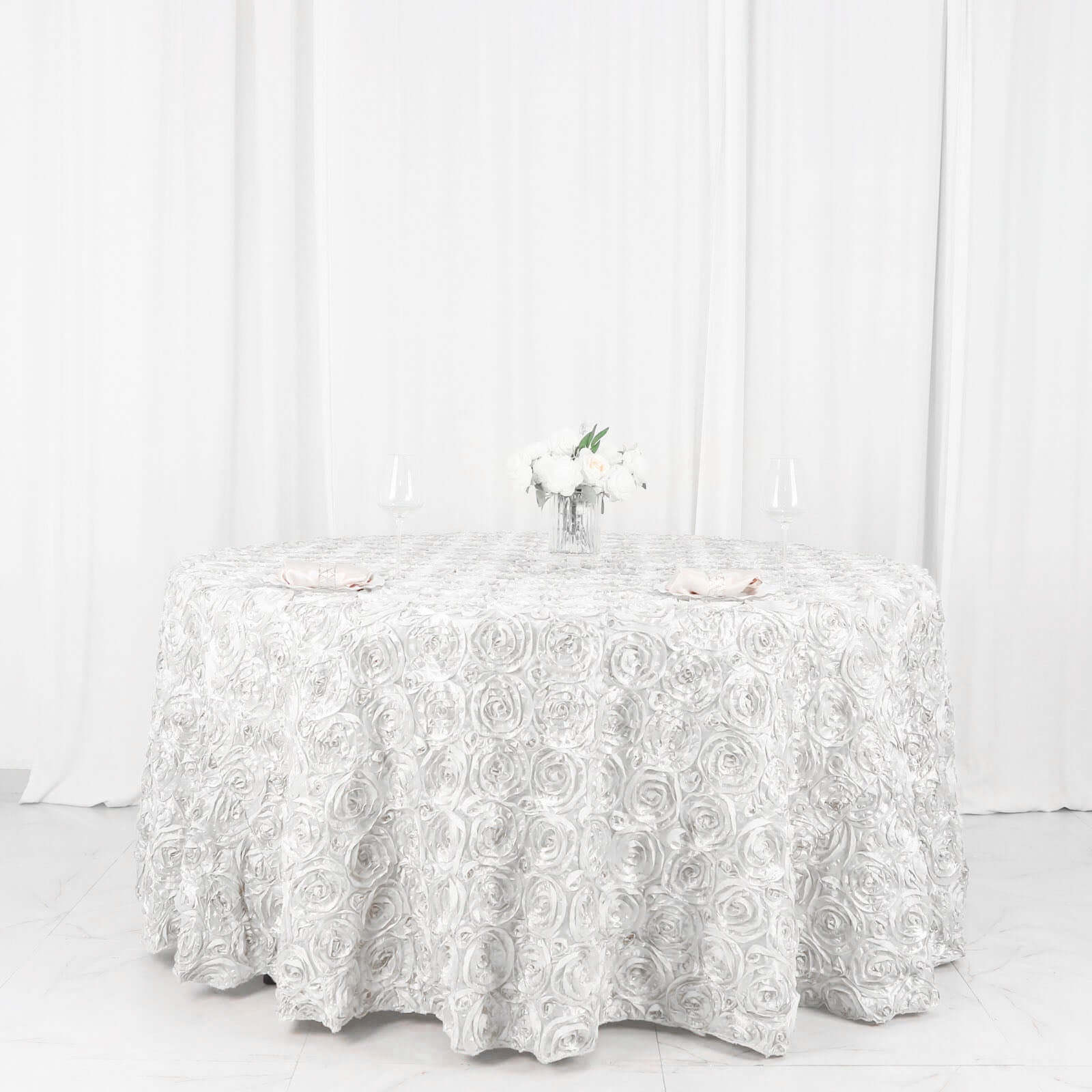 Satin Round Tablecloth 120" White with Grandiose 3D Rosette Design - Seamless Finish for Refined Weddings - Image 3