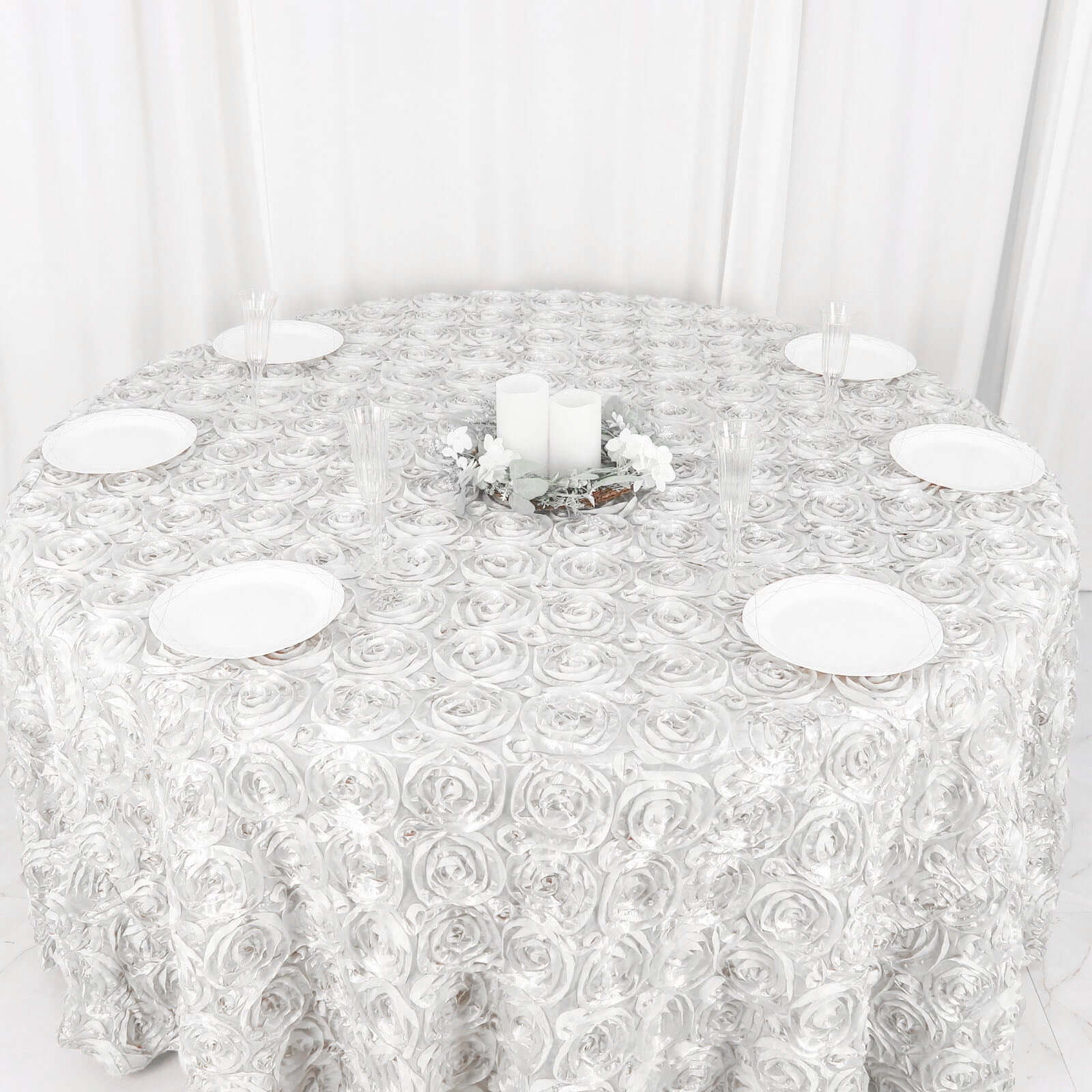 Satin Round Tablecloth 120" White with Grandiose 3D Rosette Design - Seamless Finish for Refined Weddings - Image 7