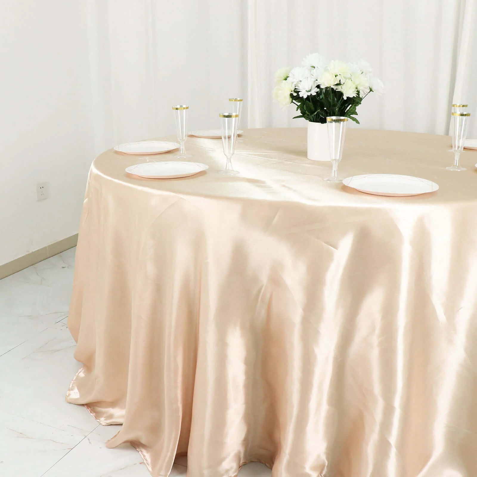 Satin Round Tablecloth 132" Beige - Seamless Table Cover - Image 2