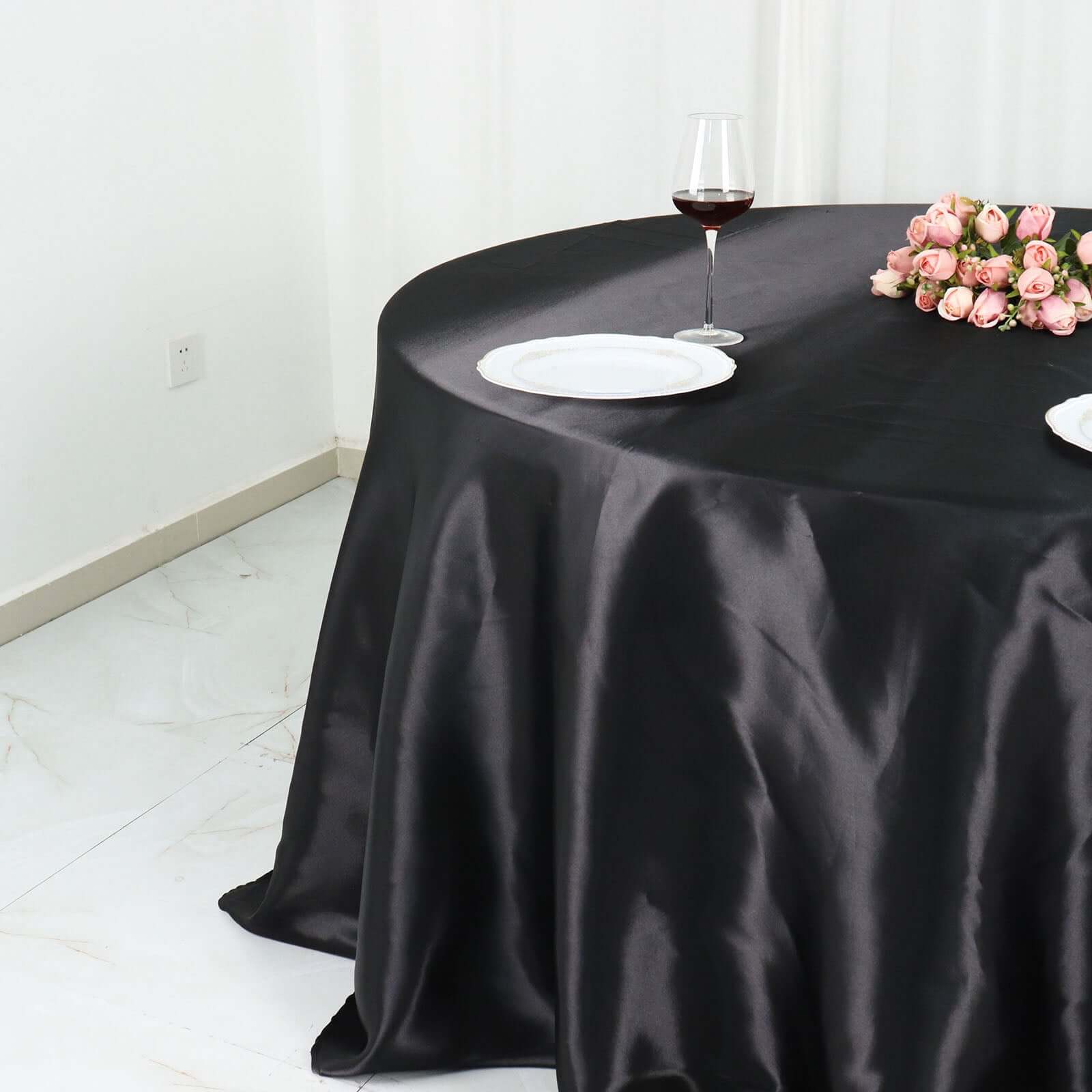 Satin Round Tablecloth 132" Black - Classy Seamless Table Cover for Weddings & Events - Image 2