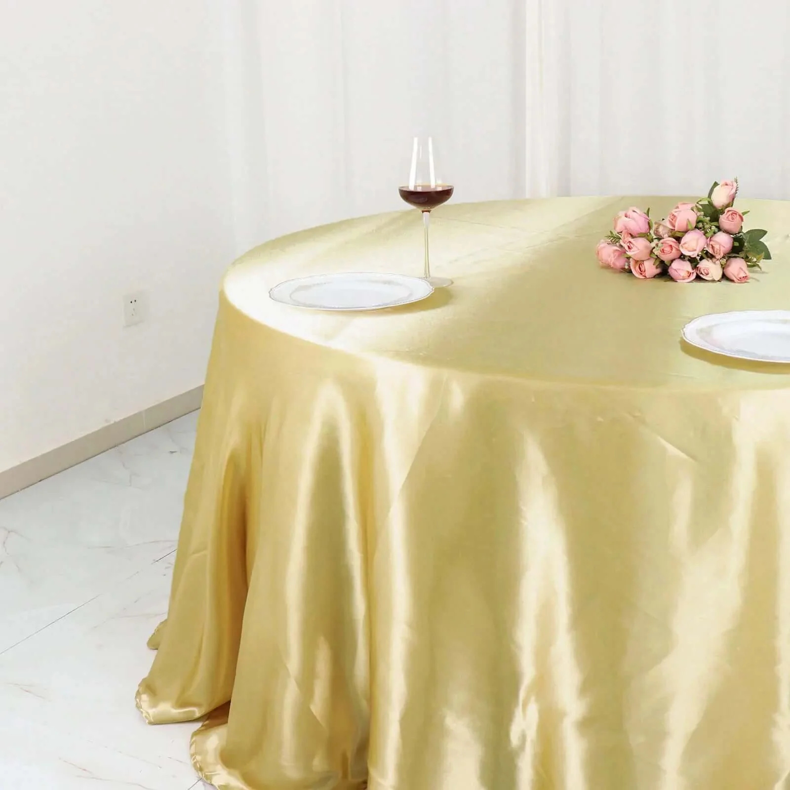 Satin Round Tablecloth 132" Champagne - Seamless Table Cover - Image 2