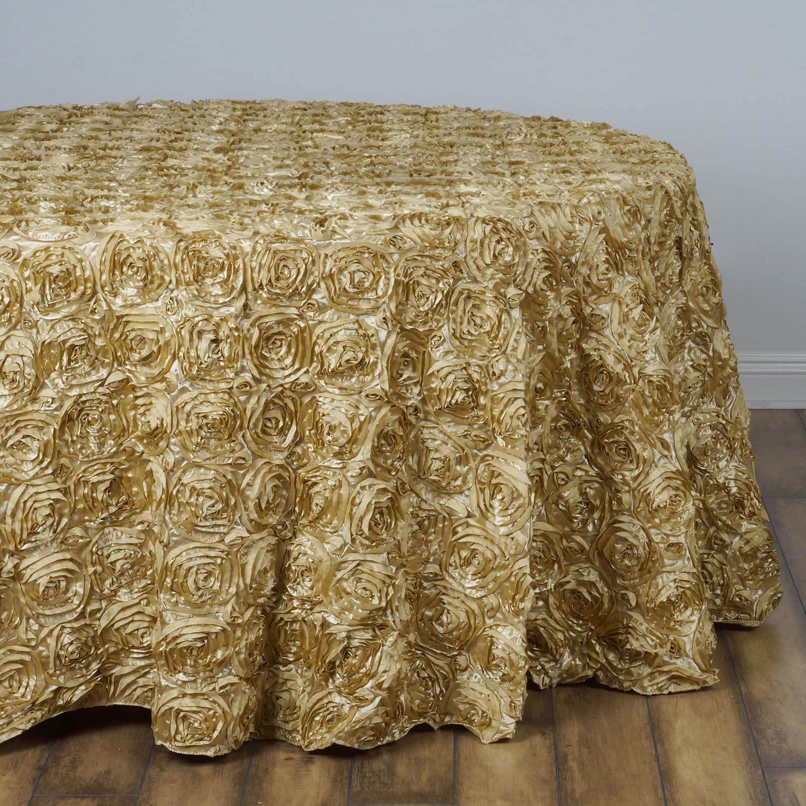 Satin Round Tablecloth 132" Champagne with Grandiose 3D Rosette Design - Seamless Table Cover - Image 6