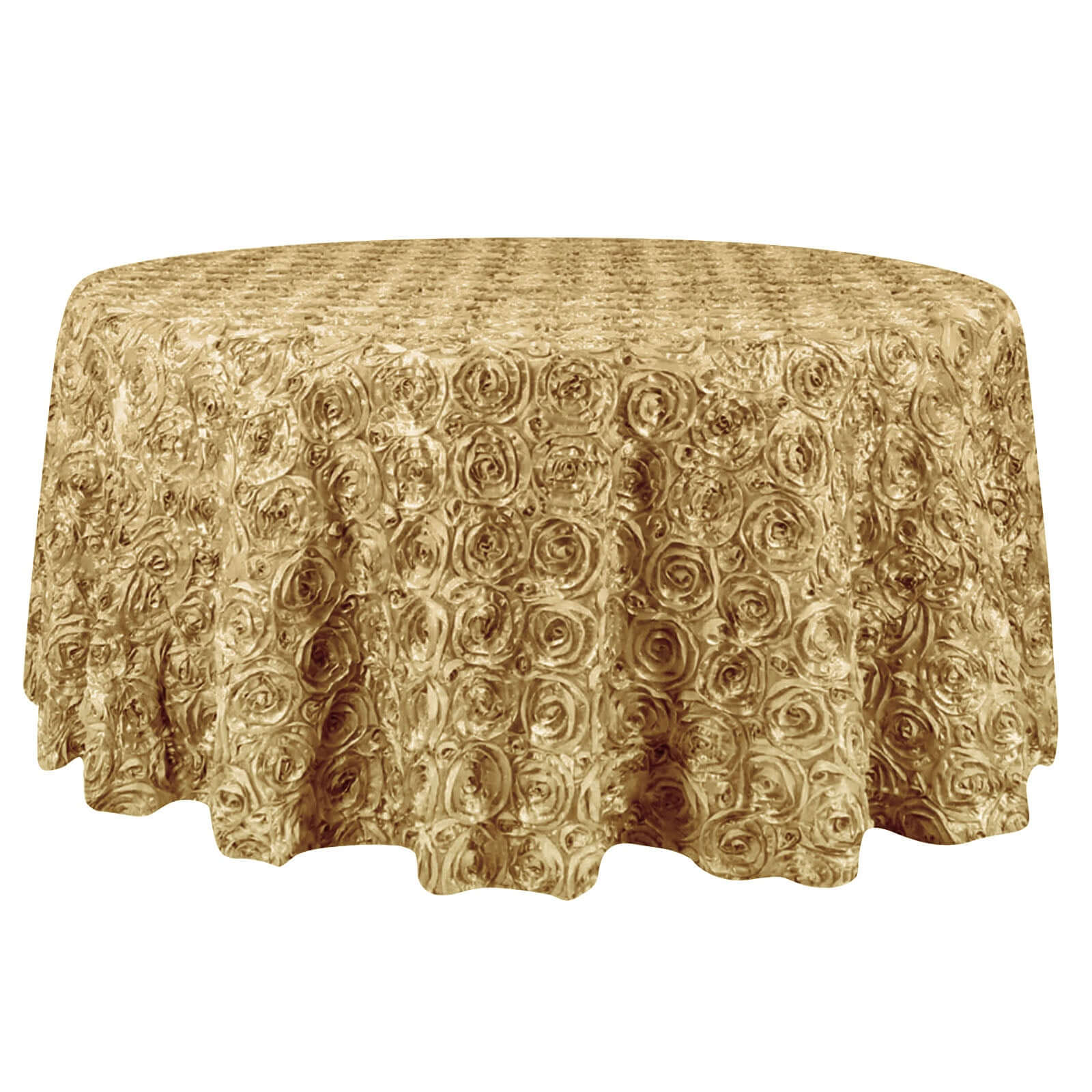 Satin Round Tablecloth 132" Champagne with Grandiose 3D Rosette Design - Seamless Table Cover - Image 7