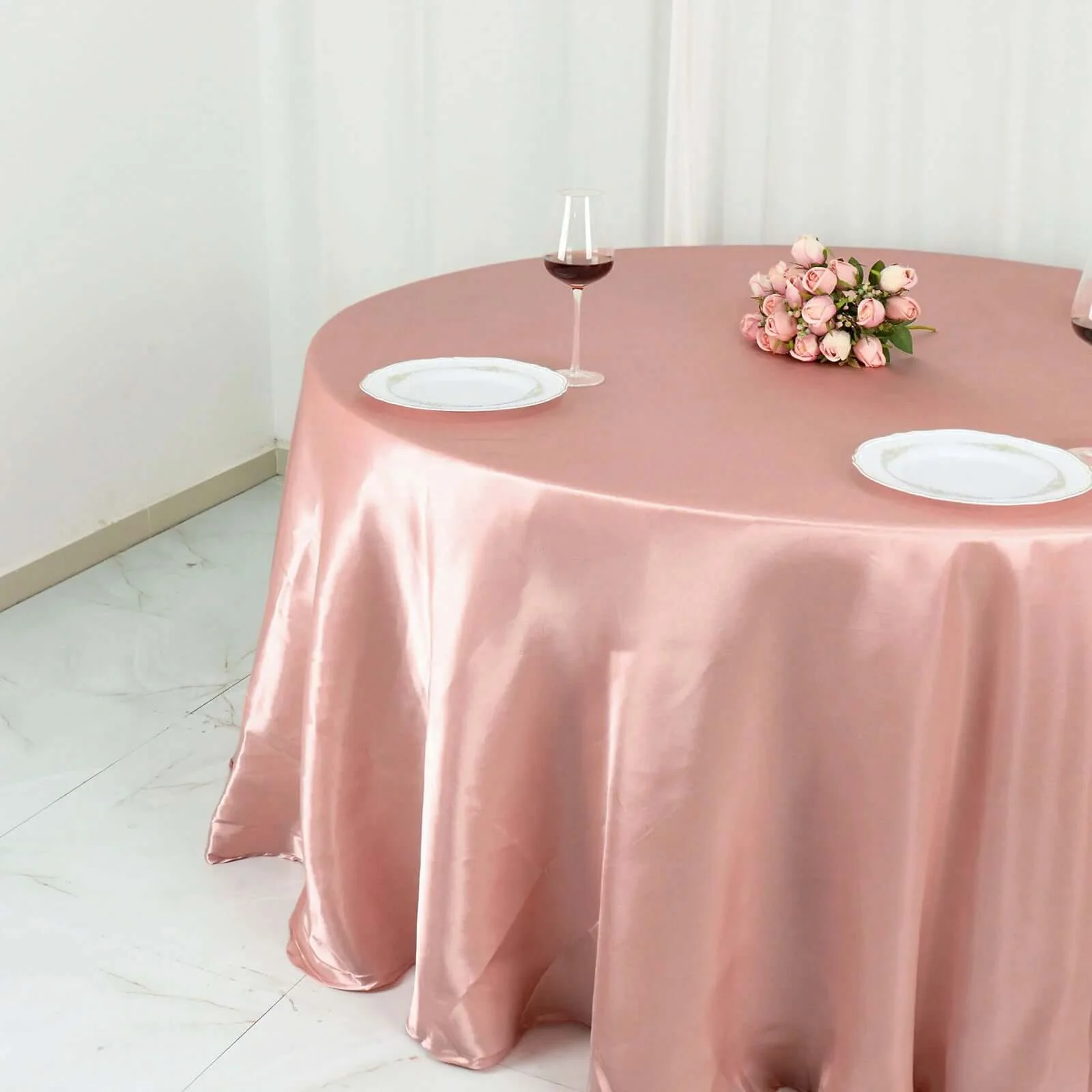Satin Round Tablecloth 132" Dusty Rose - Seamless Table Cover - Image 2