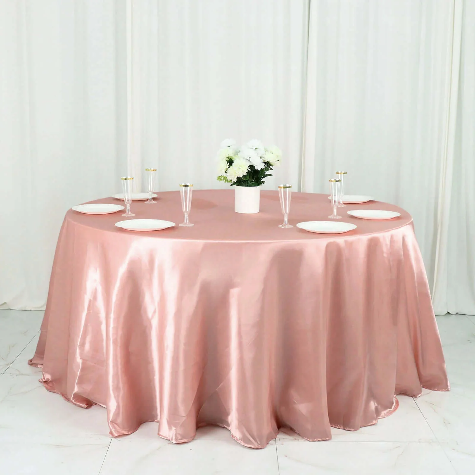 Satin Round Tablecloth 132" Dusty Rose - Seamless Table Cover - Image 3