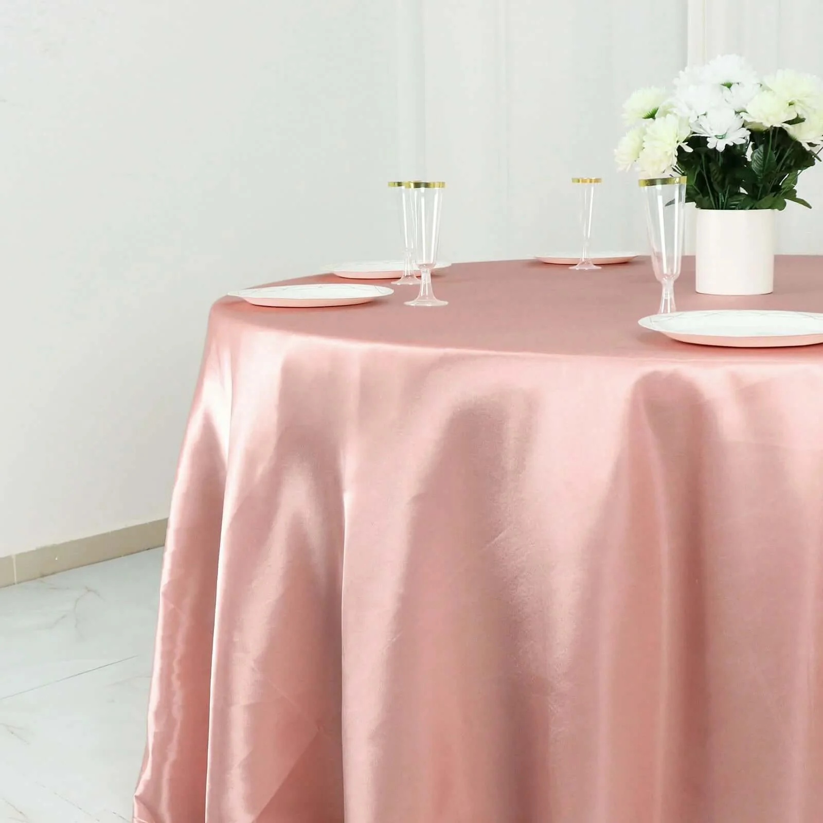 Satin Round Tablecloth 132" Dusty Rose - Seamless Table Cover - Image 6