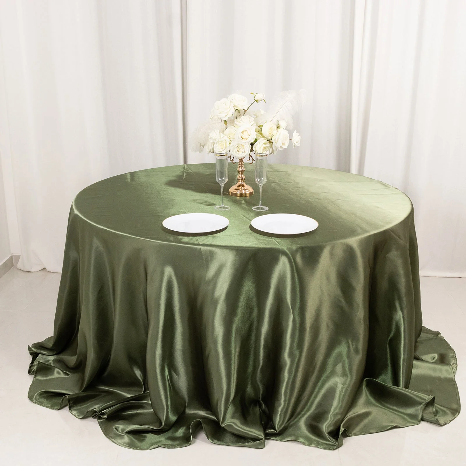 Satin Round Tablecloth 132" Dusty Sage Green - Seamless Table Cover - Image 9