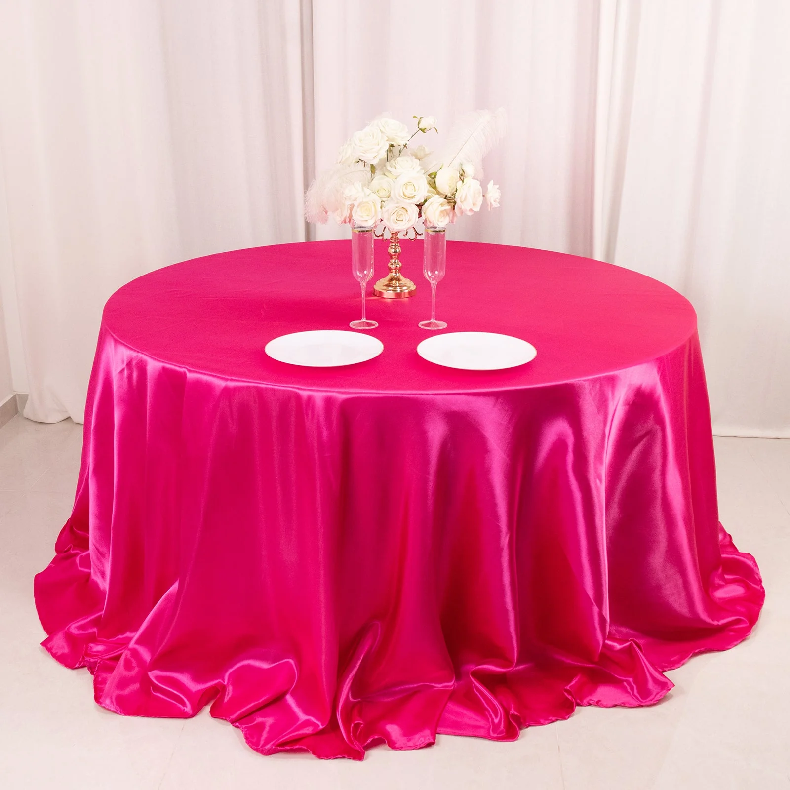 Satin Round Tablecloth 132" Fuchsia - Seamless Table Cover - Image 10