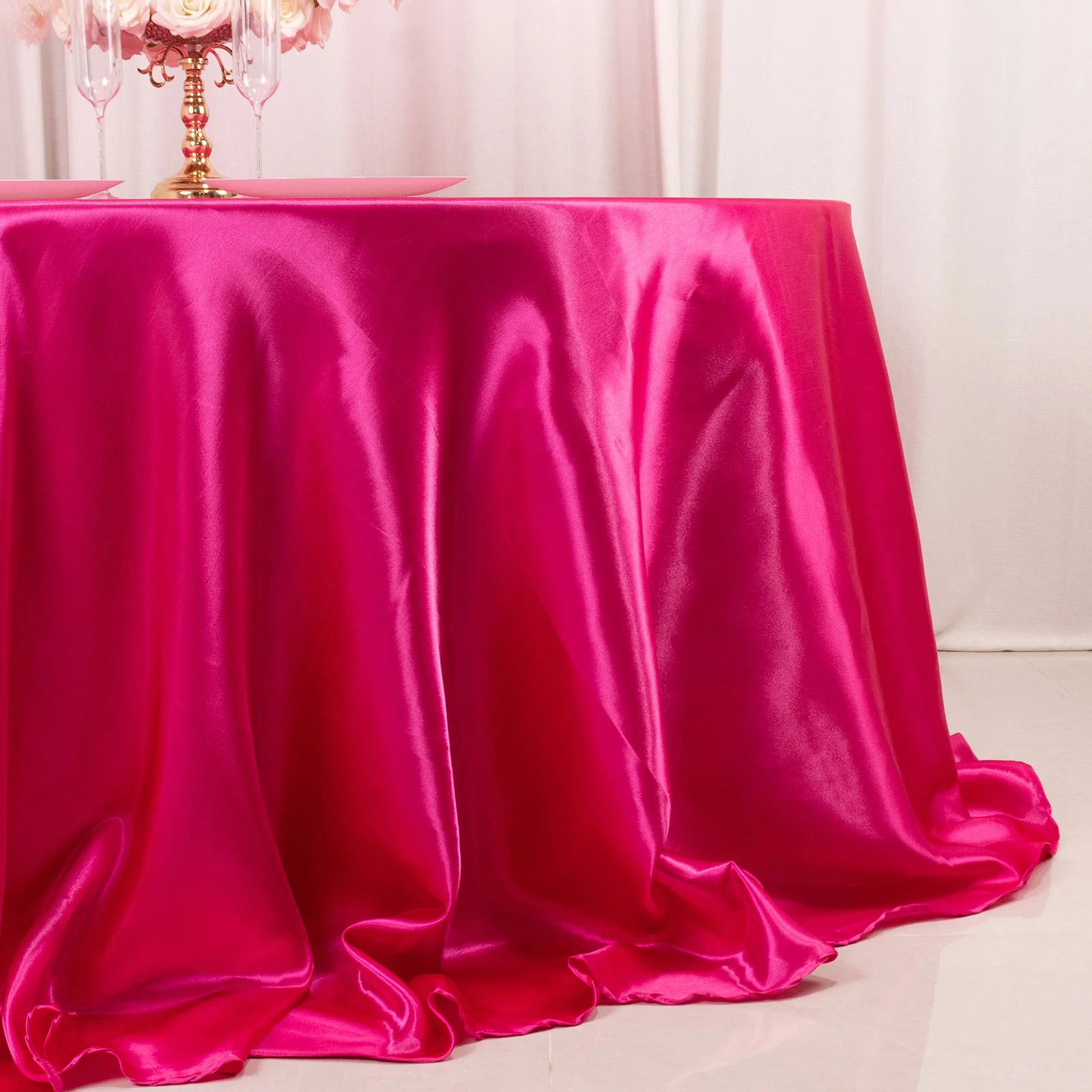 Satin Round Tablecloth 132" Fuchsia - Seamless Table Cover - Image 2