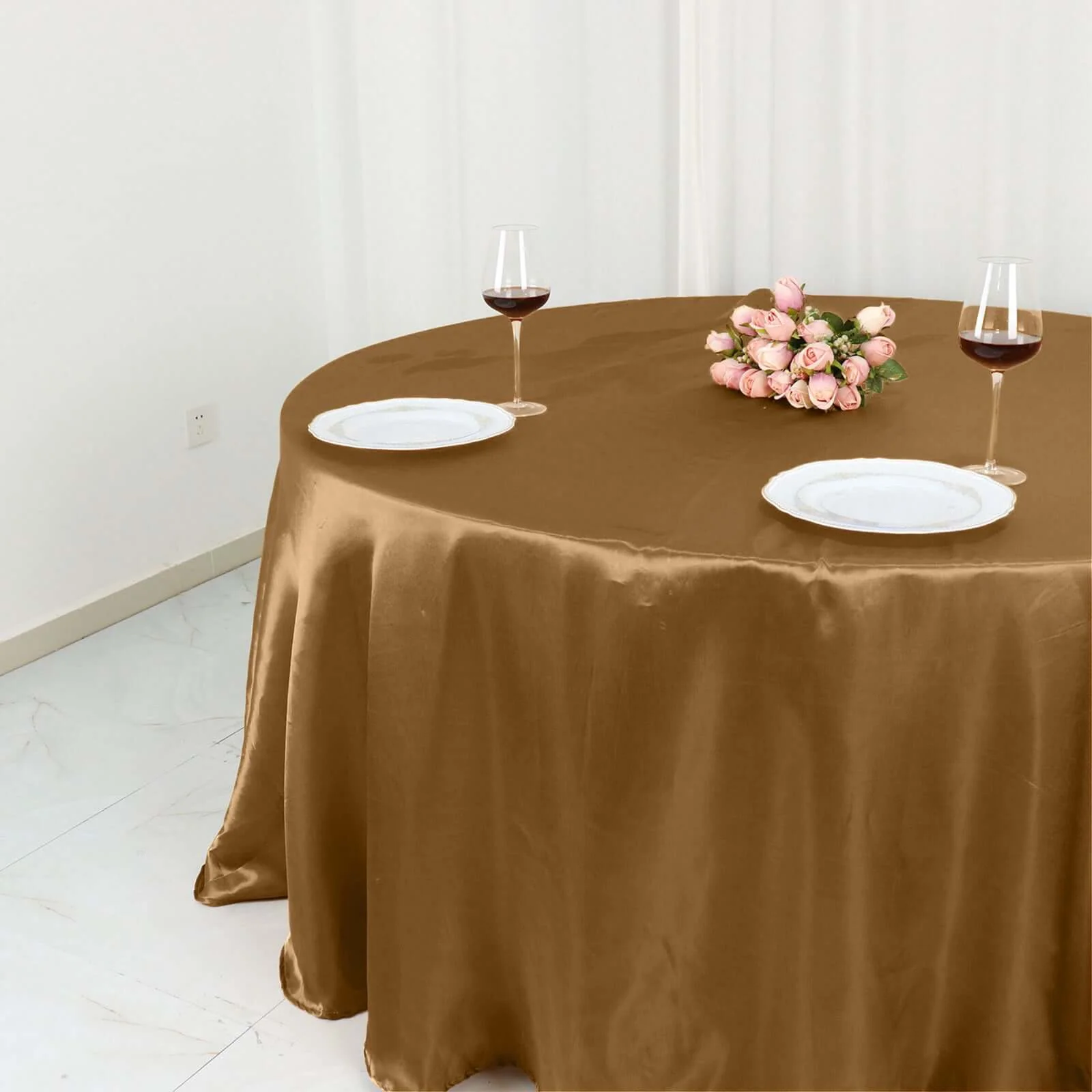 Satin Round Tablecloth 132" Gold - Classy Seamless Table Cover for Weddings & Events - Image 2