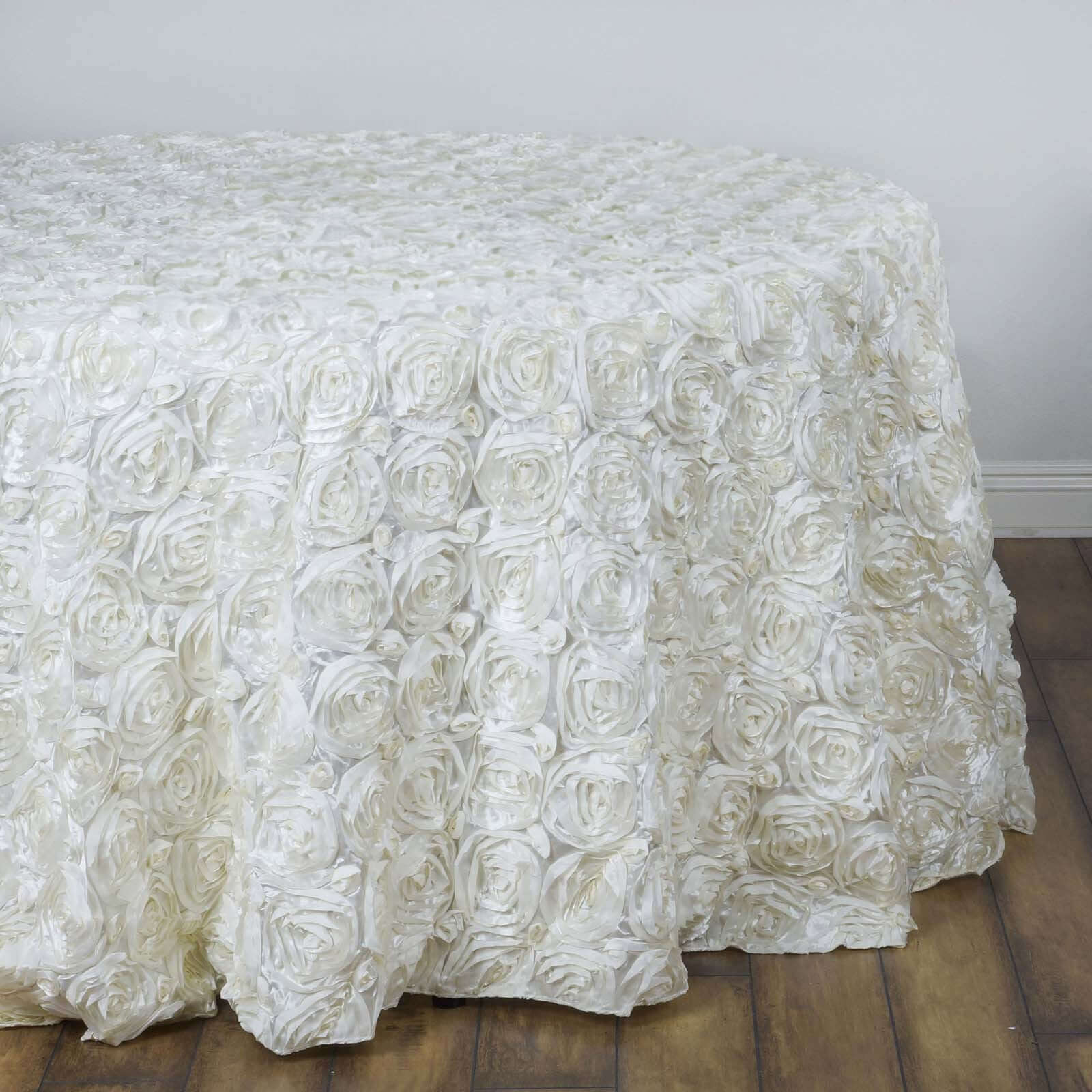 Satin Round Tablecloth 132" Ivory with Grandiose 3D Rosette Design - Seamless Table Cover - Image 6