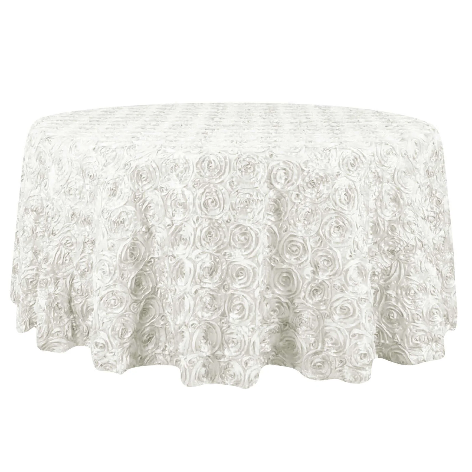 Satin Round Tablecloth 132" Ivory with Grandiose 3D Rosette Design - Seamless Table Cover - Image 7