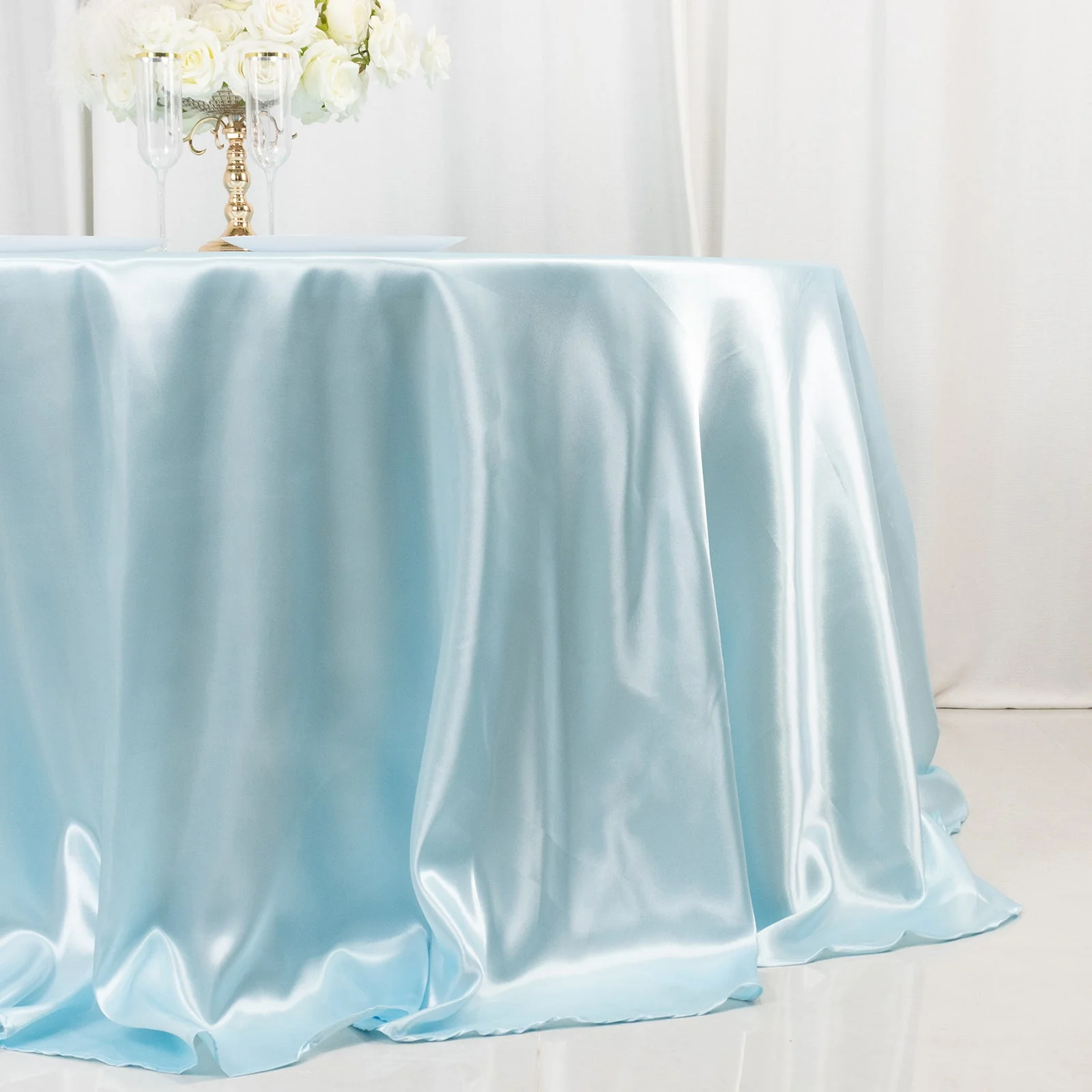 Satin Round Tablecloth 132" Light Blue - Seamless Table Cover - Image 2
