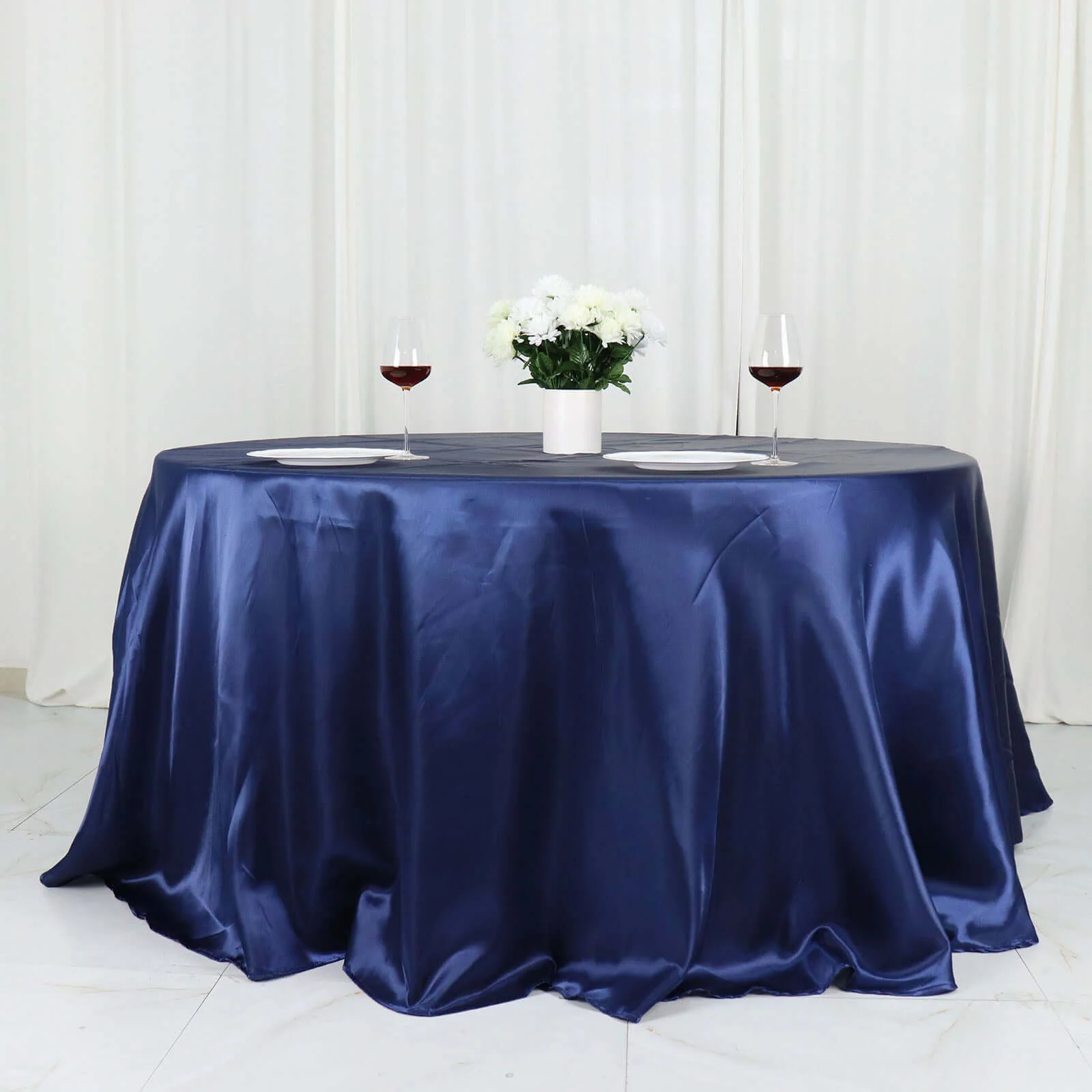 Satin Round Tablecloth 132" Navy Blue - Seamless Table Cover - Image 4