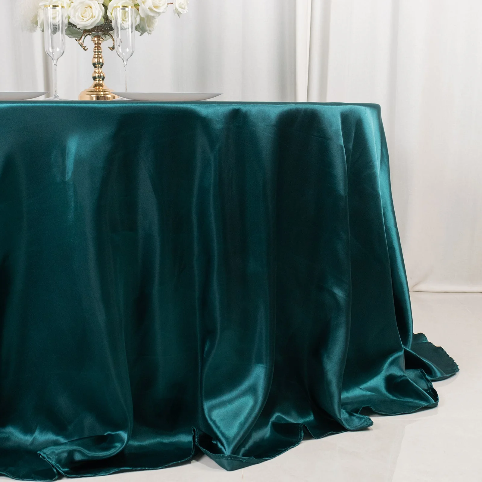 Satin Round Tablecloth 132" Peacock Teal - Seamless Table Cover - Image 2