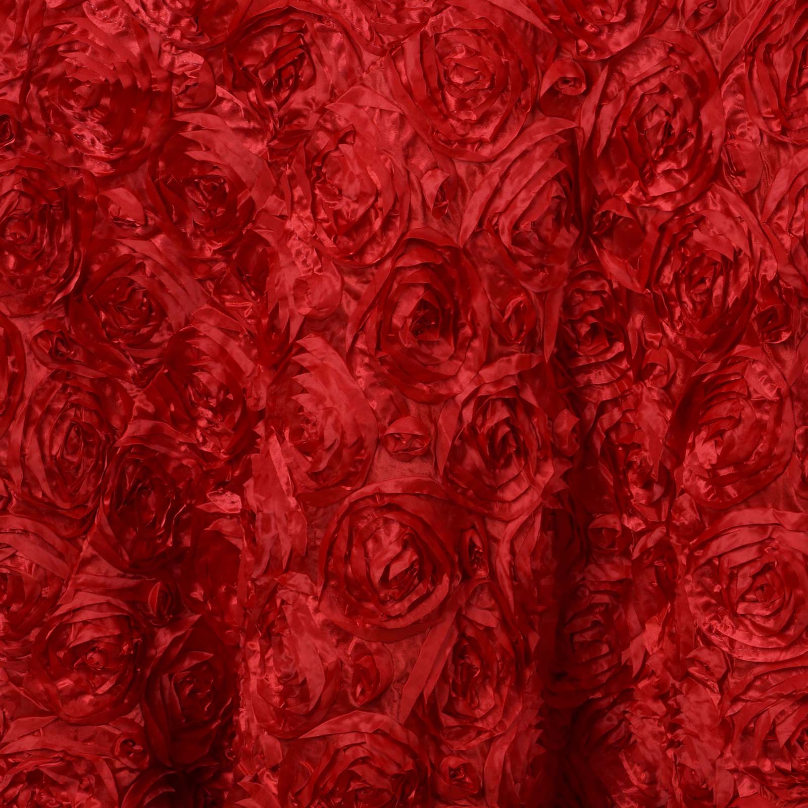 Satin Round Tablecloth 132" Red with Grandiose 3D Rosette Design - Seamless Table Cover - Image 5
