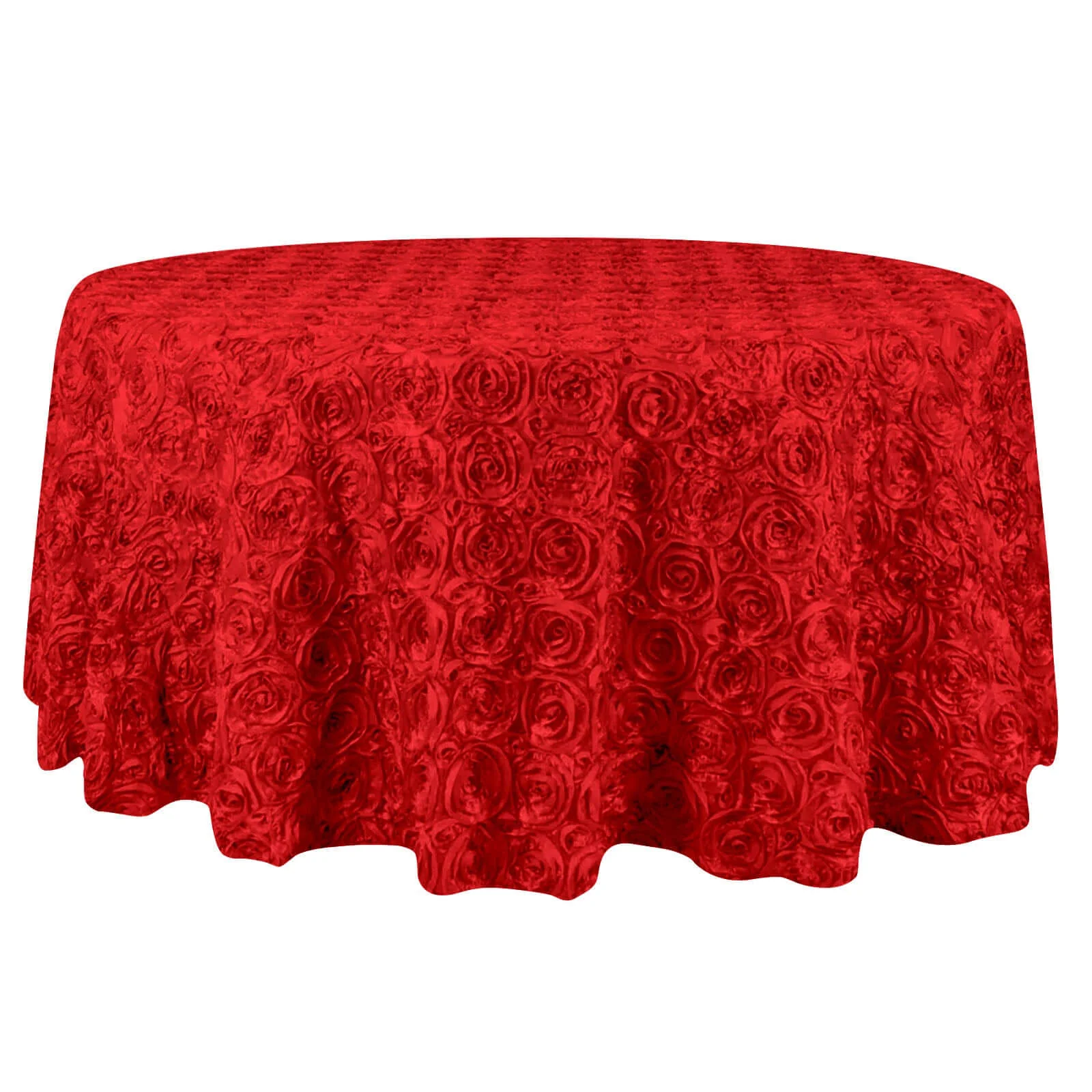 Satin Round Tablecloth 132" Red with Grandiose 3D Rosette Design - Seamless Table Cover - Image 7