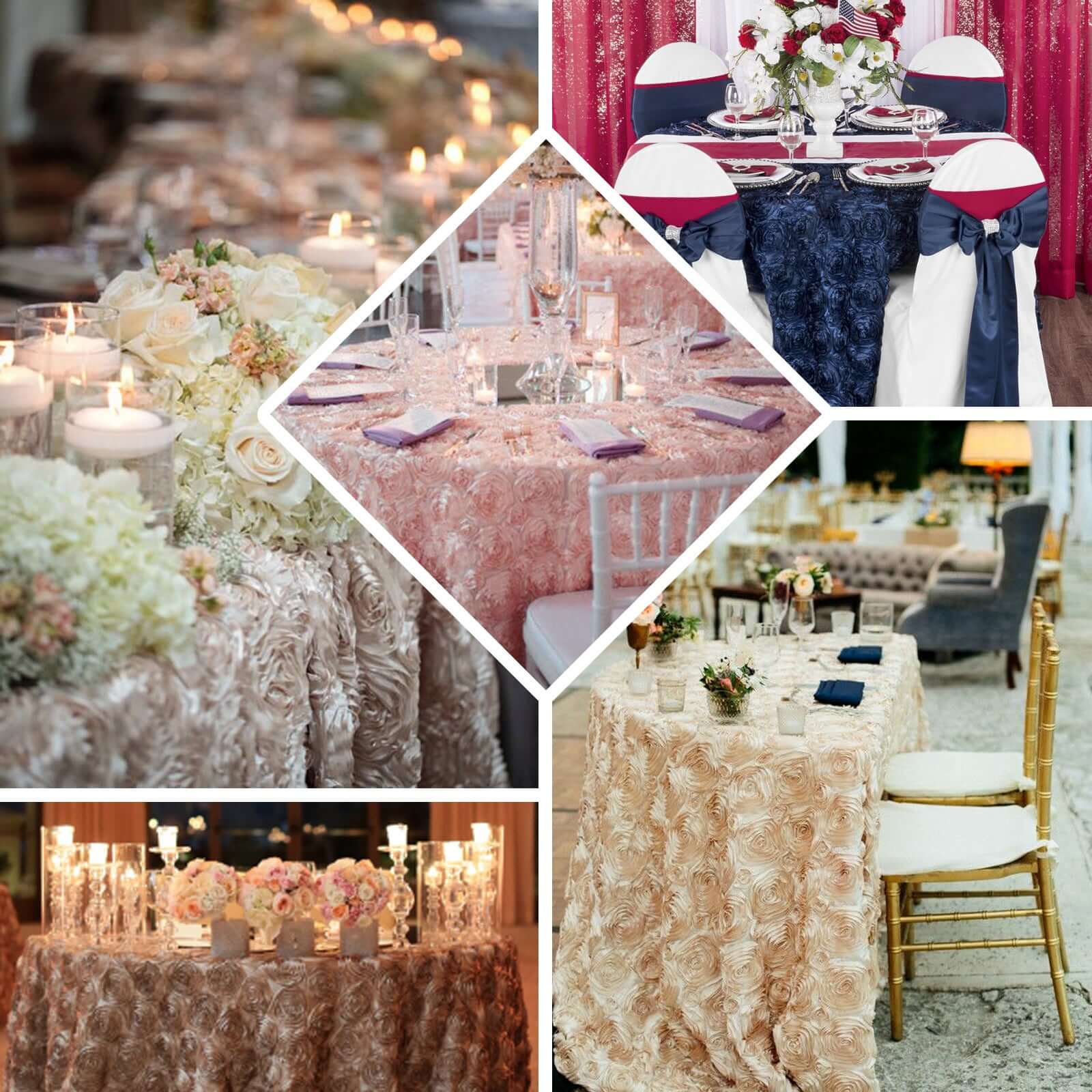 Satin Round Tablecloth 132" Royal Blue with Grandiose 3D Rosette Design - Seamless Table Cover - Image 4