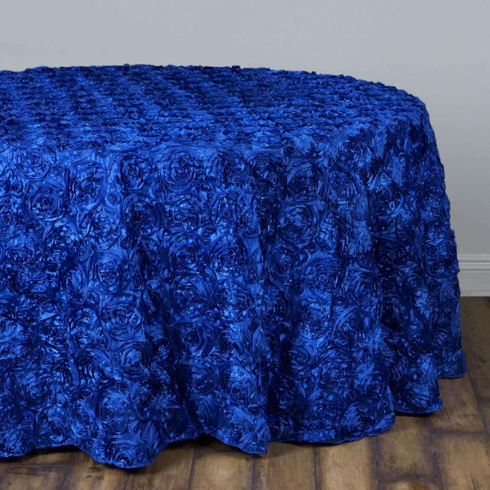 Satin Round Tablecloth 132" Royal Blue with Grandiose 3D Rosette Design - Seamless Table Cover - Image 6