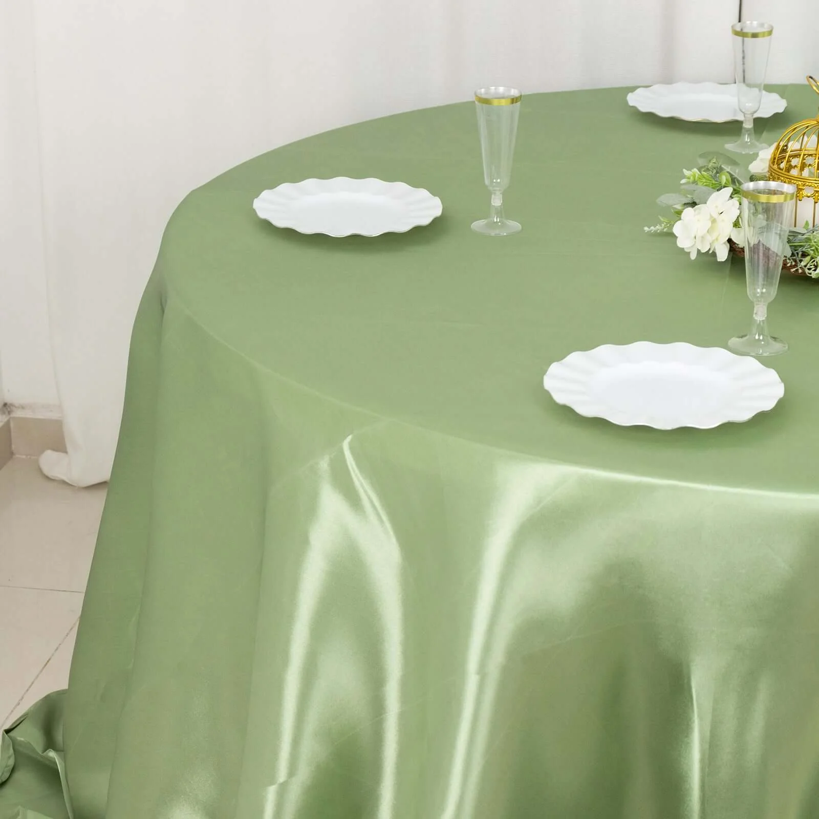 Satin Round Tablecloth 132" Sage Green - Seamless Table Cover - Image 6