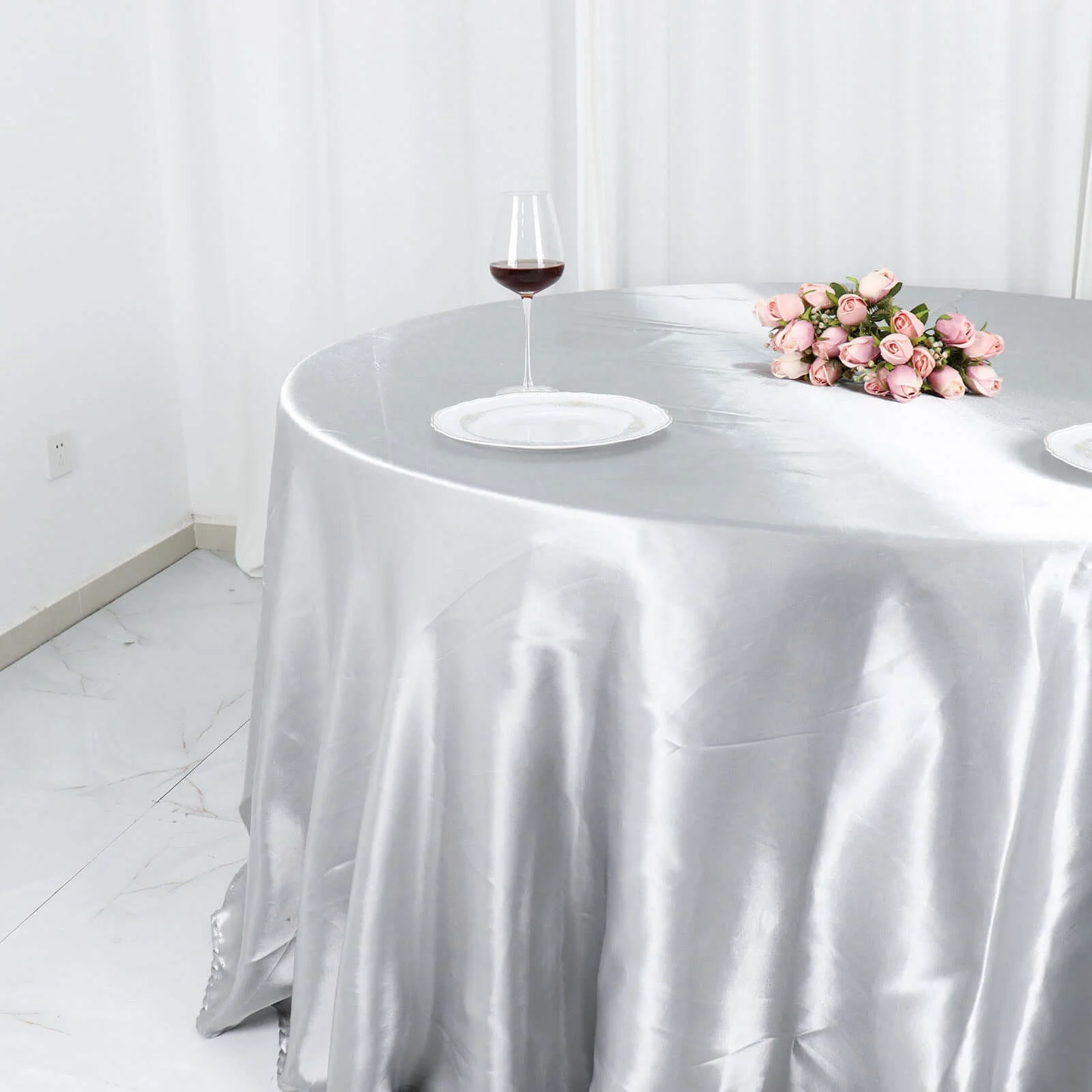 Satin Round Tablecloth 132" Silver - Seamless Table Cover - Image 2