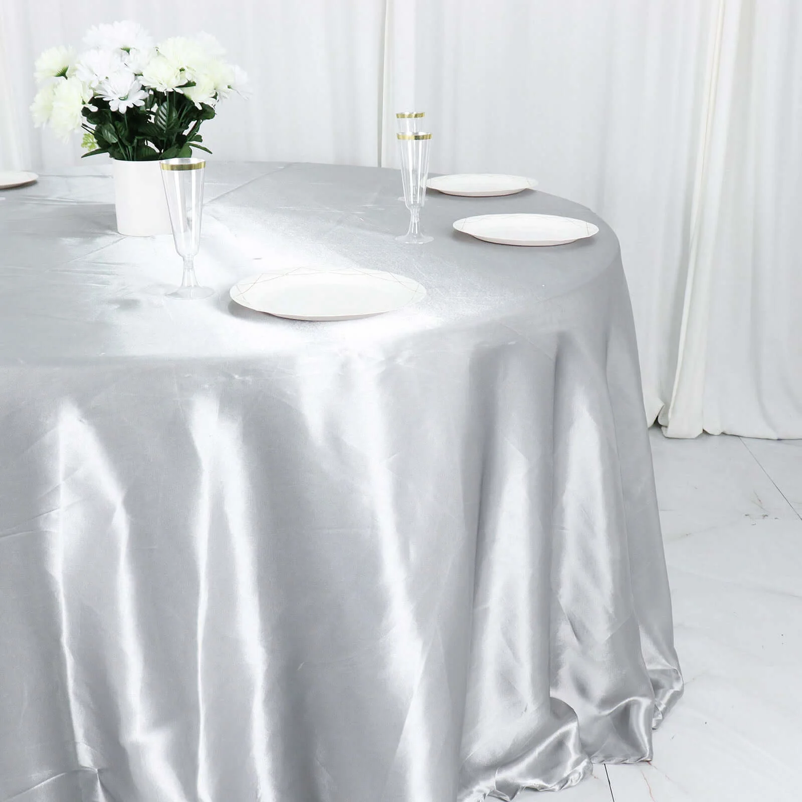 Satin Round Tablecloth 132" Silver - Seamless Table Cover - Image 5