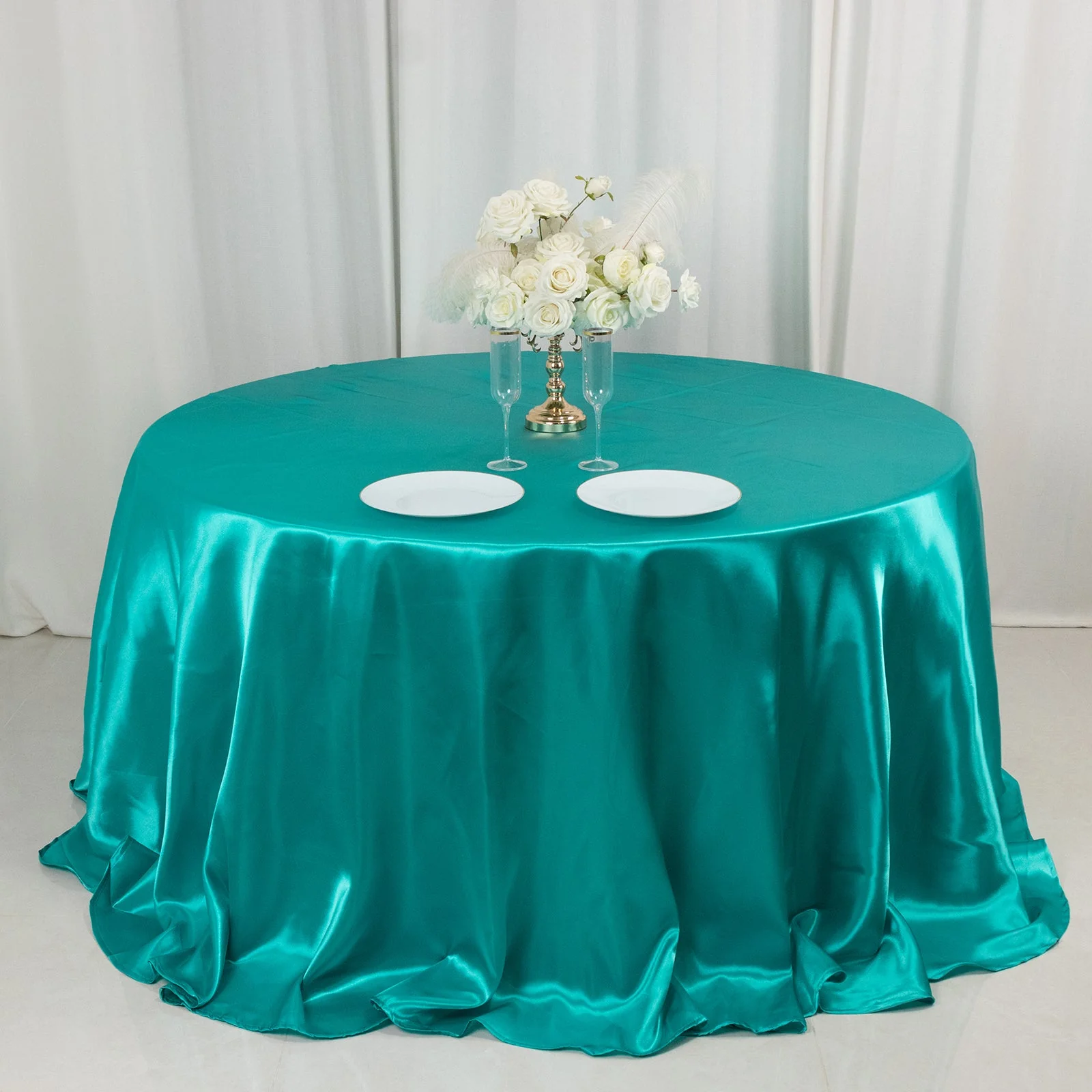 Satin Round Tablecloth 132" Turquoise - Seamless Table Cover - Image 10