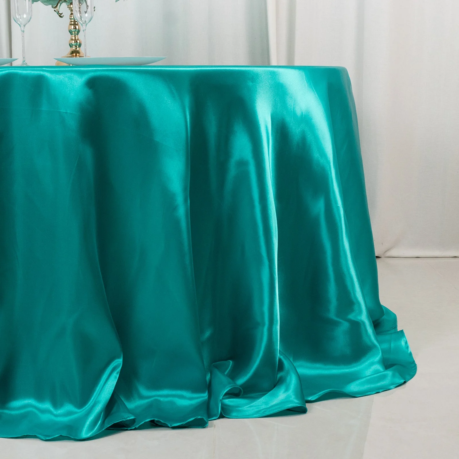 Satin Round Tablecloth 132" Turquoise - Seamless Table Cover - Image 2