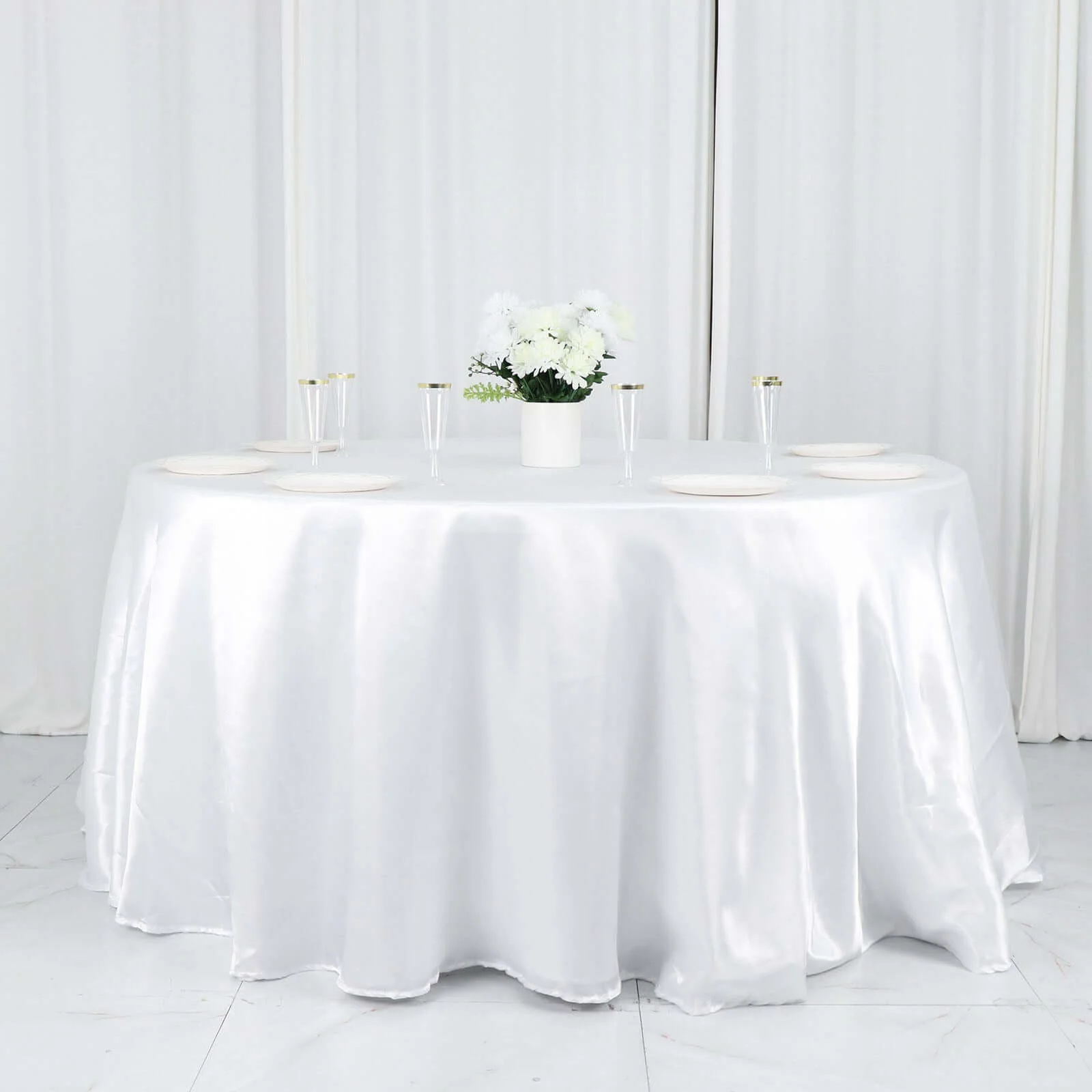 Satin Round Tablecloth 132" White - Classy Seamless Table Cover for Weddings & Events - Image 2