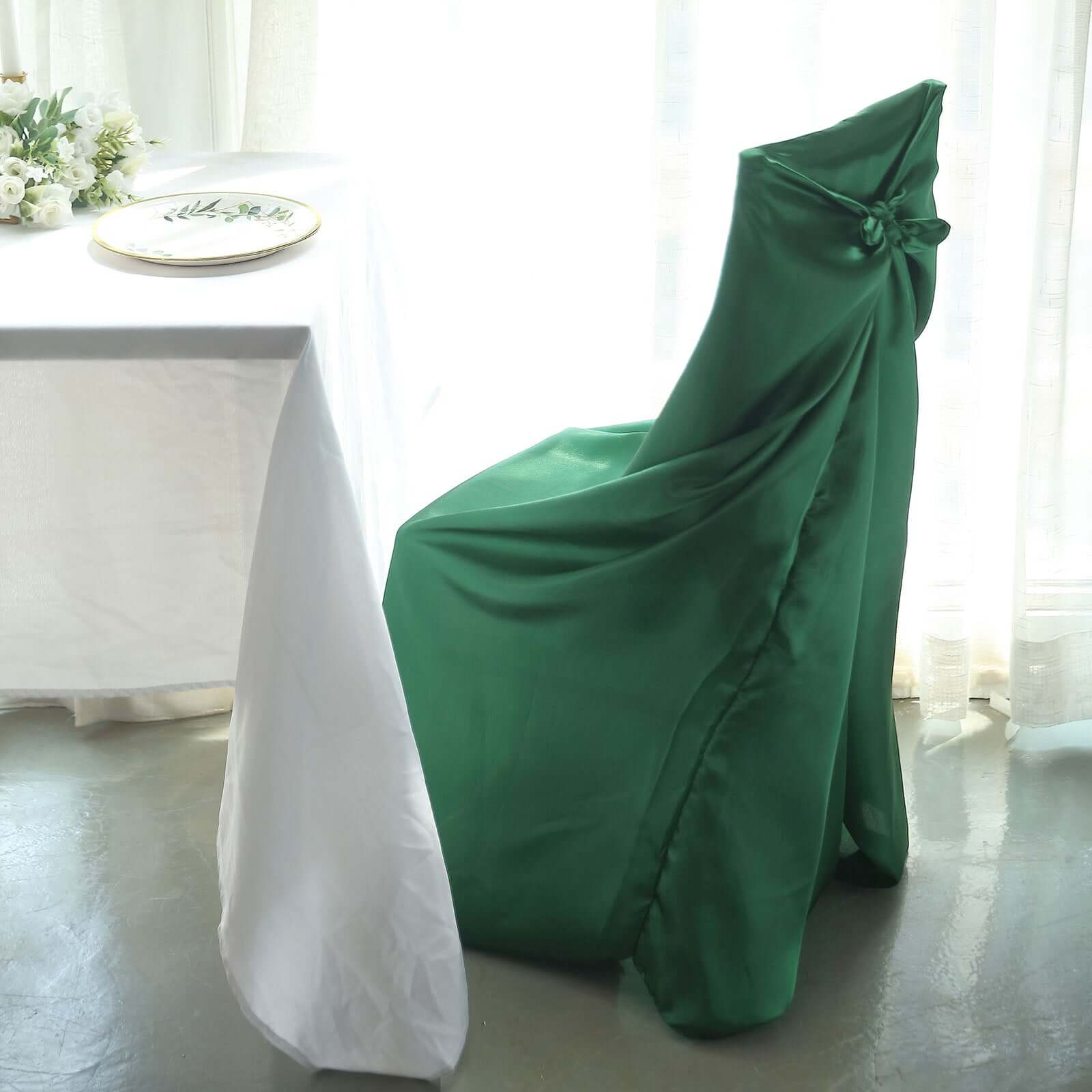 Satin Self-Tie Universal Chair Cover Hunter Emerald Green - Reusable Slip-On Slipcover for Folding, Dining, Banquet & Standard Size Chairs - Image 7