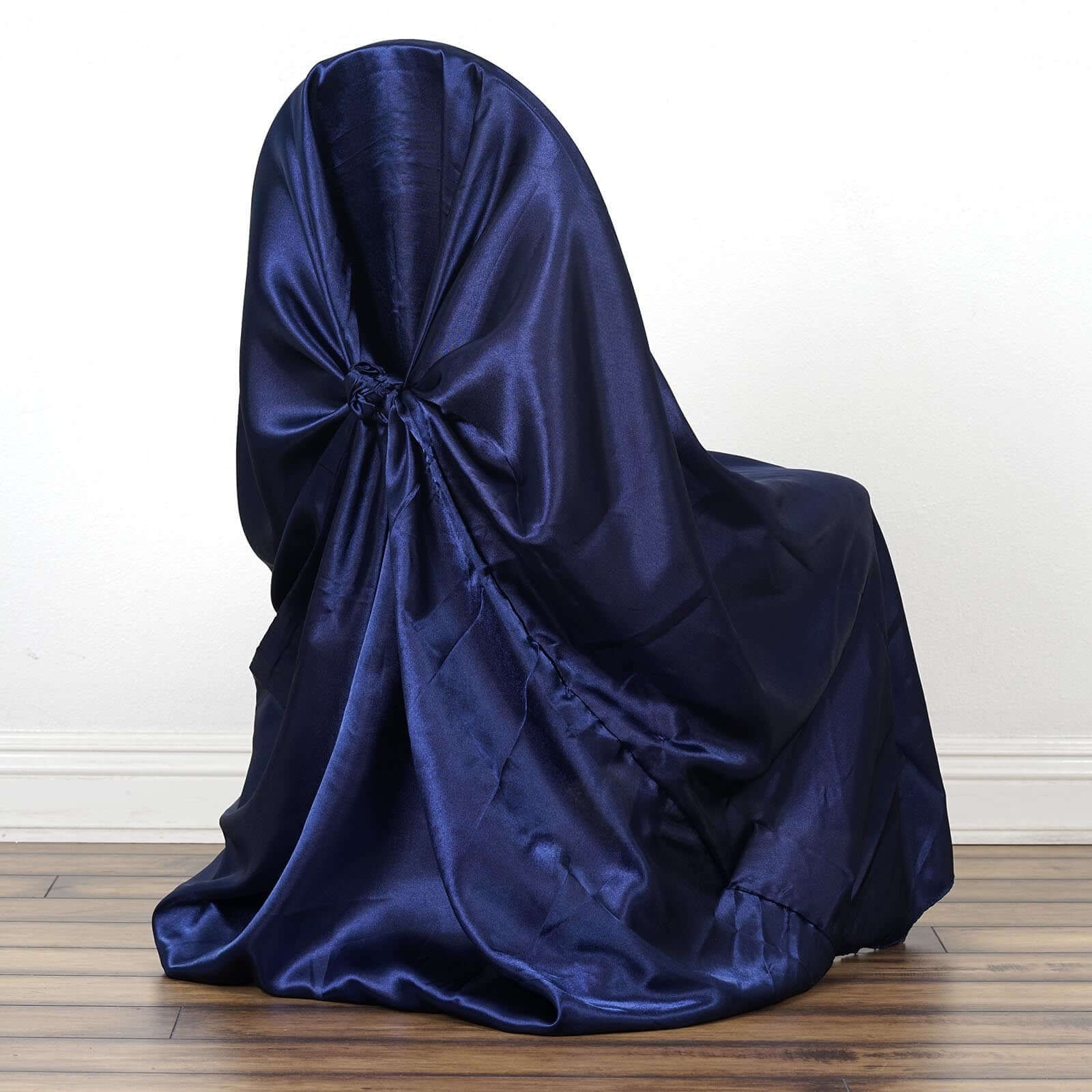 Satin Self-Tie Universal Chair Cover Navy Blue - Reusable Slip-On Slipcover for Folding, Dining, Banquet & Standard Size Chairs