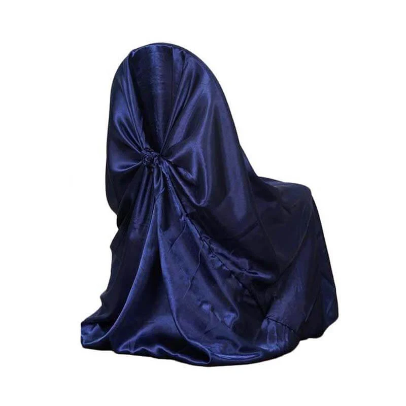 Satin Self-Tie Universal Chair Cover Navy Blue - Reusable Slip-On Slipcover for Folding, Dining, Banquet & Standard Size Chairs - Image 6