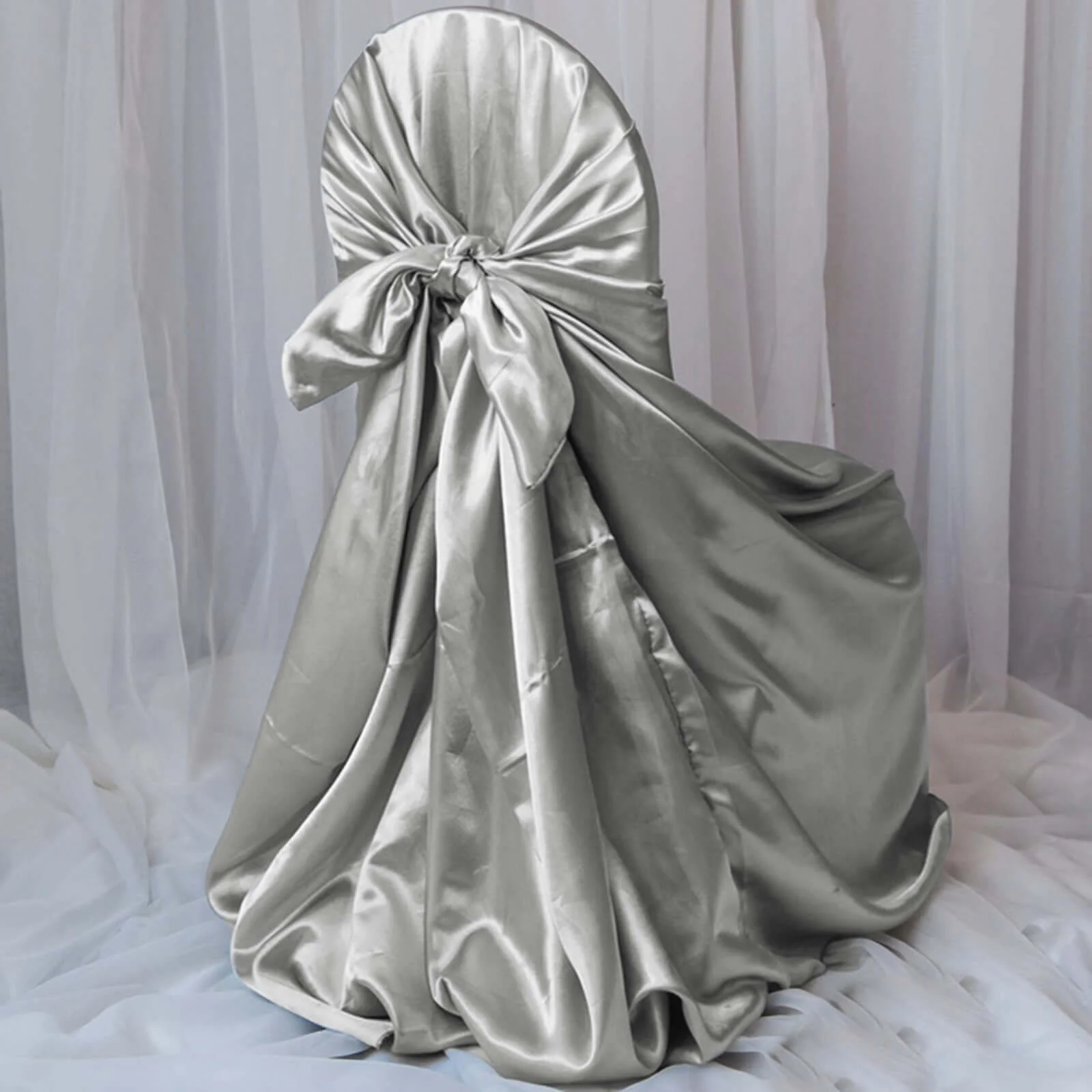 Satin Self-Tie Universal Chair Cover Silver - Reusable Slip-On Slipcover for Folding, Dining, Banquet & Standard Size Chairs