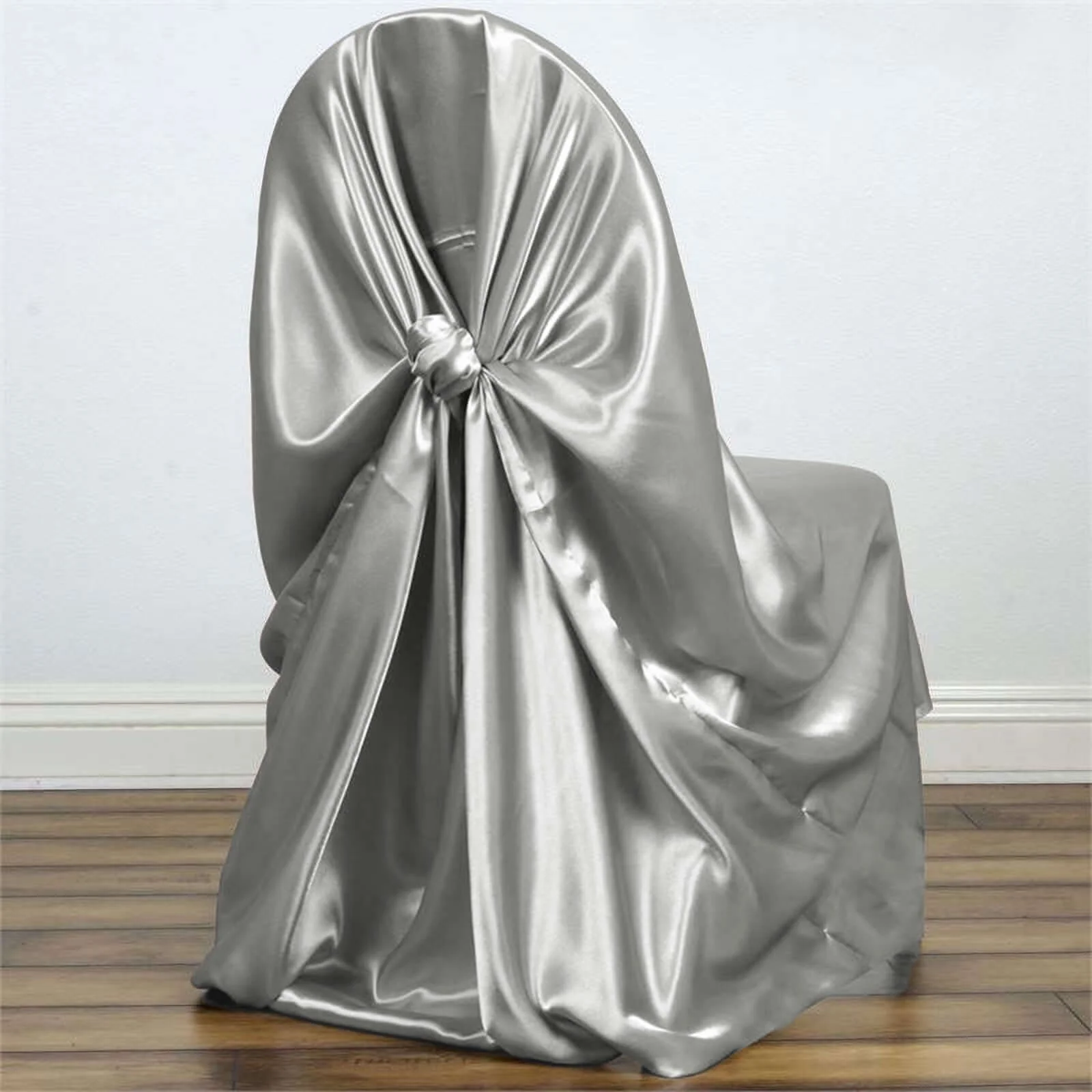 Satin Self-Tie Universal Chair Cover Silver - Reusable Slip-On Slipcover for Folding, Dining, Banquet & Standard Size Chairs - Image 2