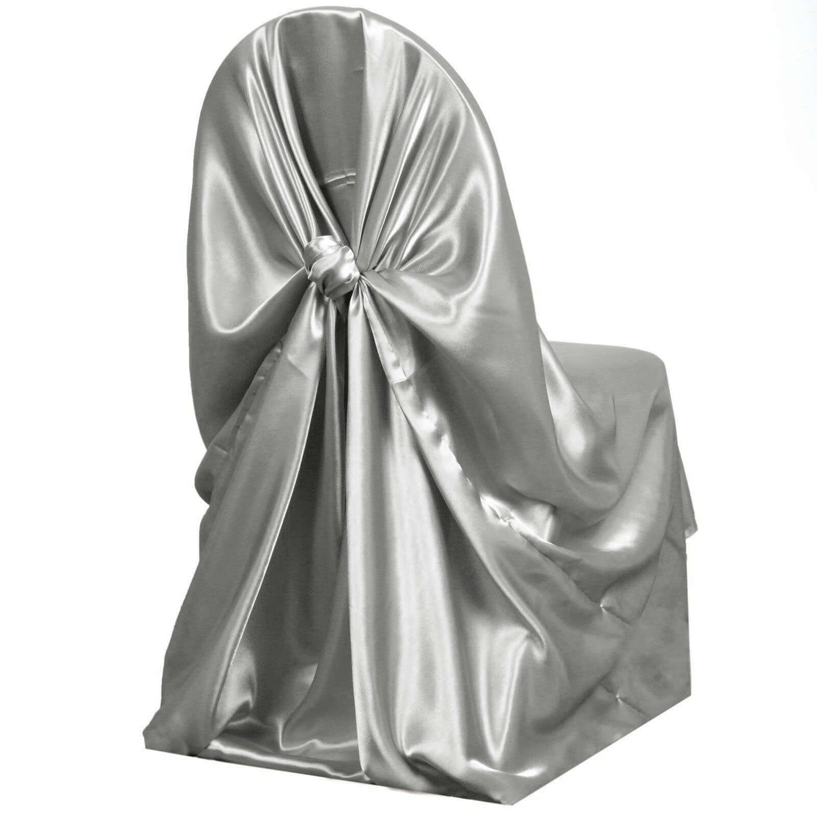 Satin Self-Tie Universal Chair Cover Silver - Reusable Slip-On Slipcover for Folding, Dining, Banquet & Standard Size Chairs - Image 6