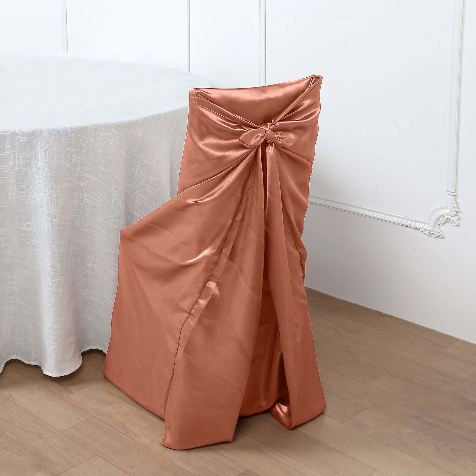 Satin Self-Tie Universal Chair Cover Terracotta (Rust) - Reusable Slip-On Slipcover for Folding, Dining, Banquet & Standard Size Chairs - Image 3