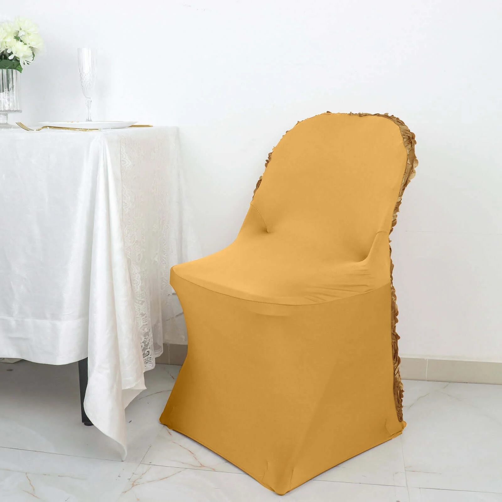 Satin Spandex Folding Chair Cover Gold Rosette Design - Wrinkle Resistant Stretch Fitted Slipcover - Image 4