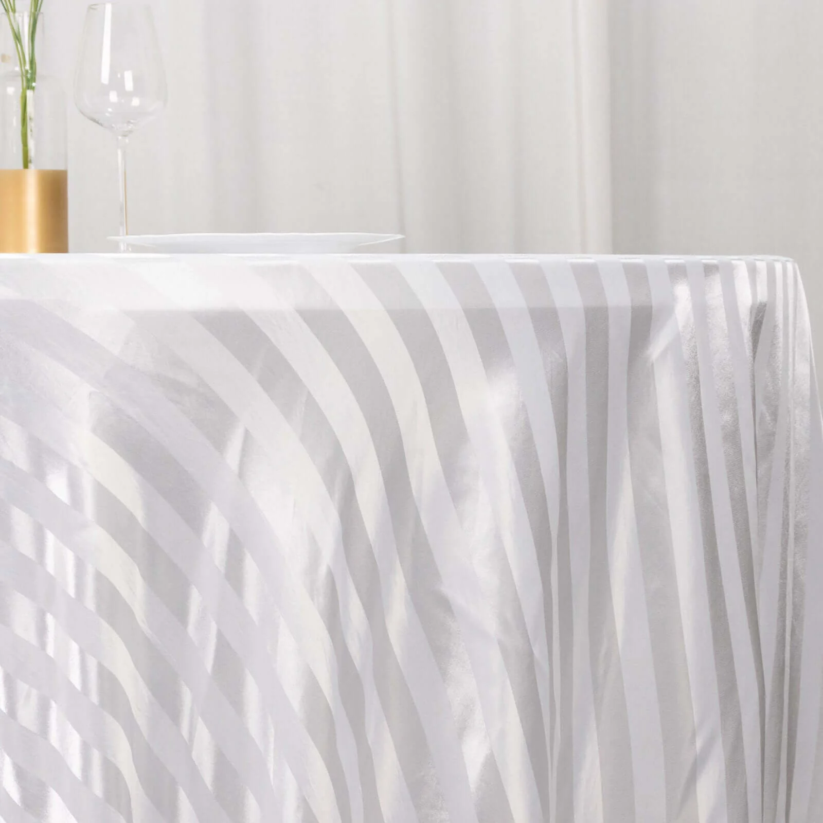 Satin Stripe Round Tablecloth 120" White - Seamless Silky Smooth Wedding Decor - Image 2