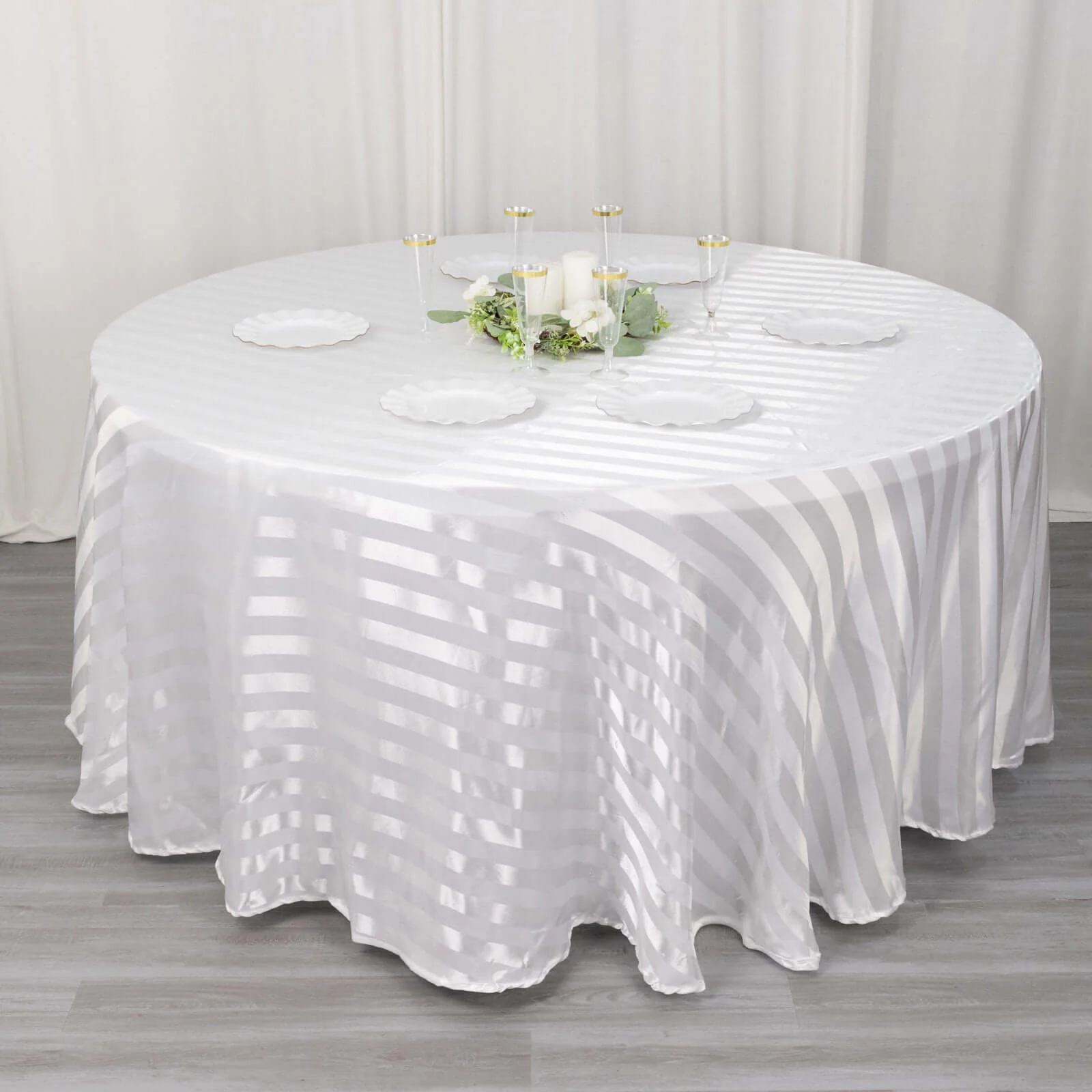 Satin Stripe Round Tablecloth 120" White - Seamless Silky Smooth Wedding Decor - Image 3
