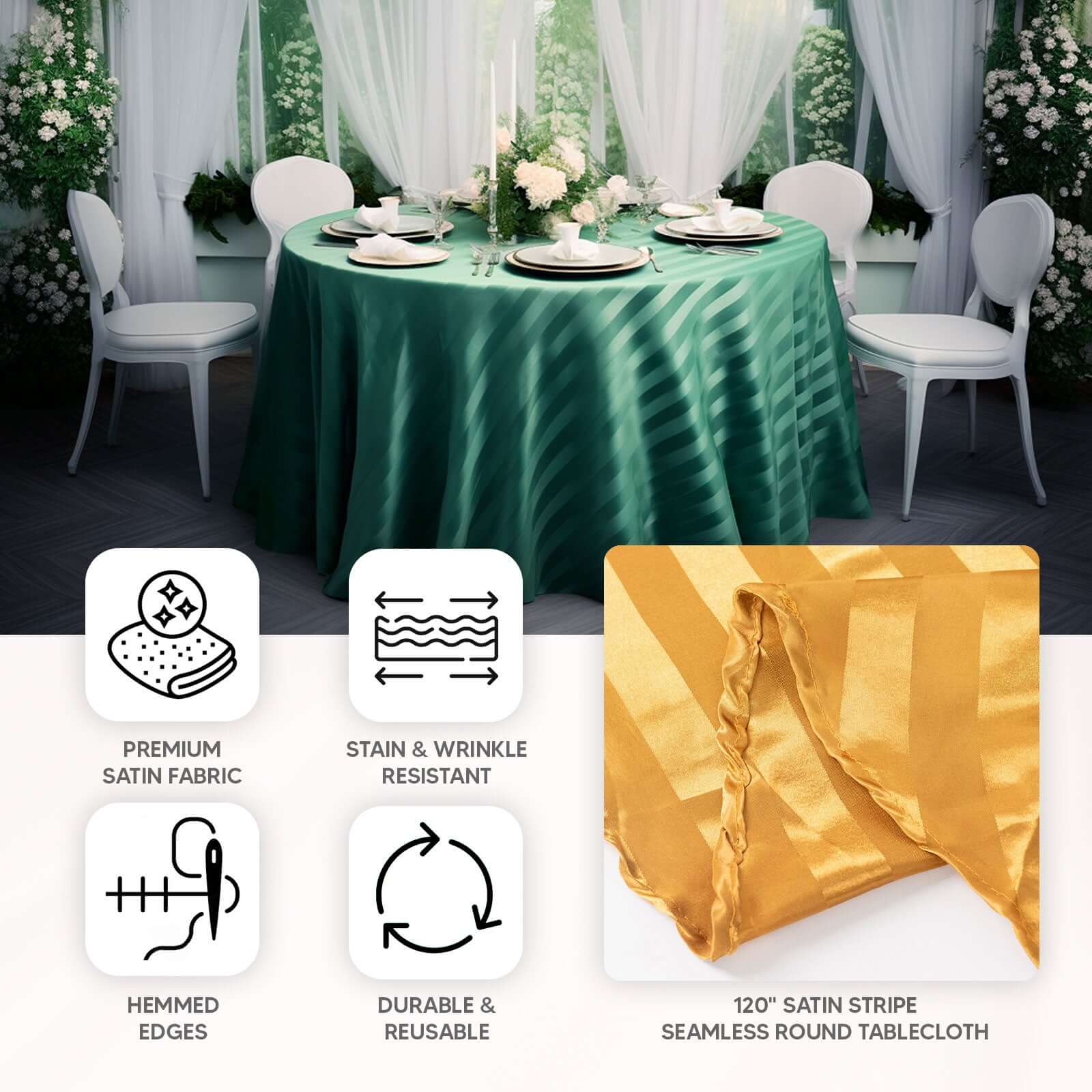 Satin Stripe Round Tablecloth 120" White - Seamless Silky Smooth Wedding Decor - Image 4